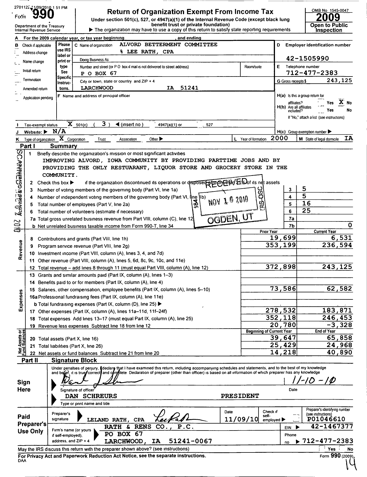 Image of first page of 2009 Form 990 for Alvord Betterment Committee