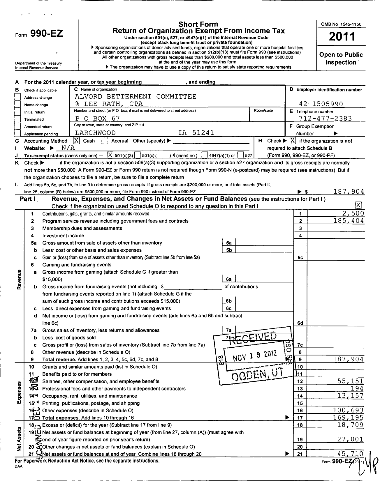 Image of first page of 2011 Form 990EZ for Alvord Betterment Committee