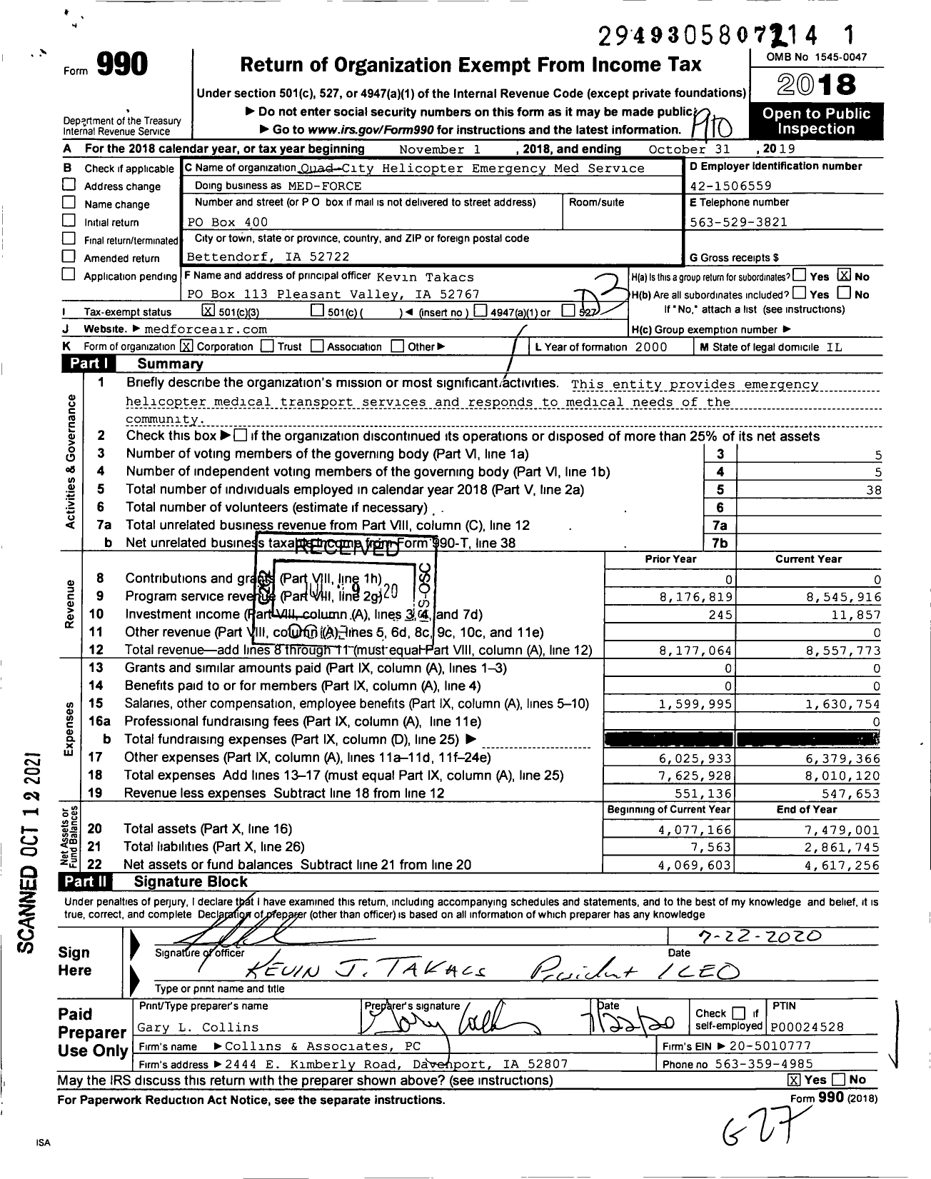Image of first page of 2018 Form 990 for Quad City Helicopter Emergency Medical Service