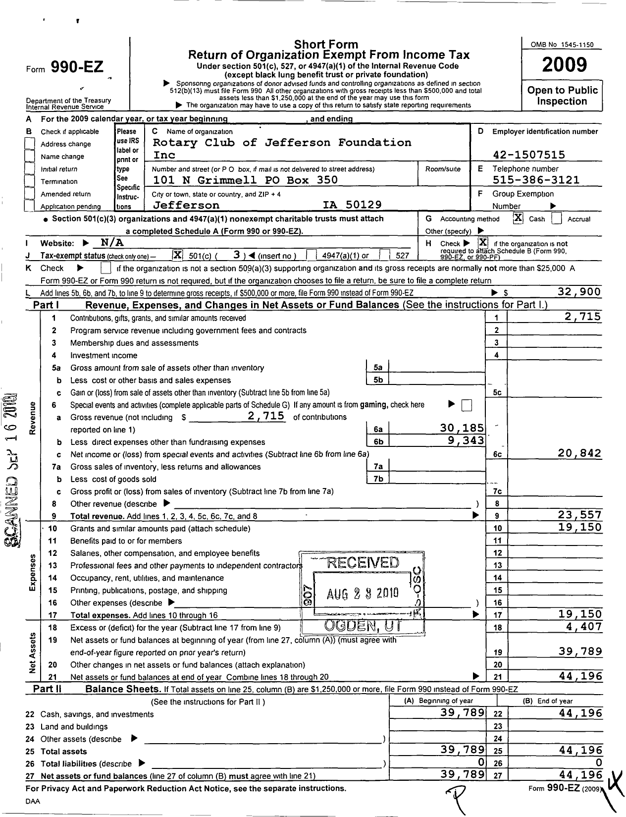 Image of first page of 2009 Form 990EZ for Rotary Club of Jefferson Foundation