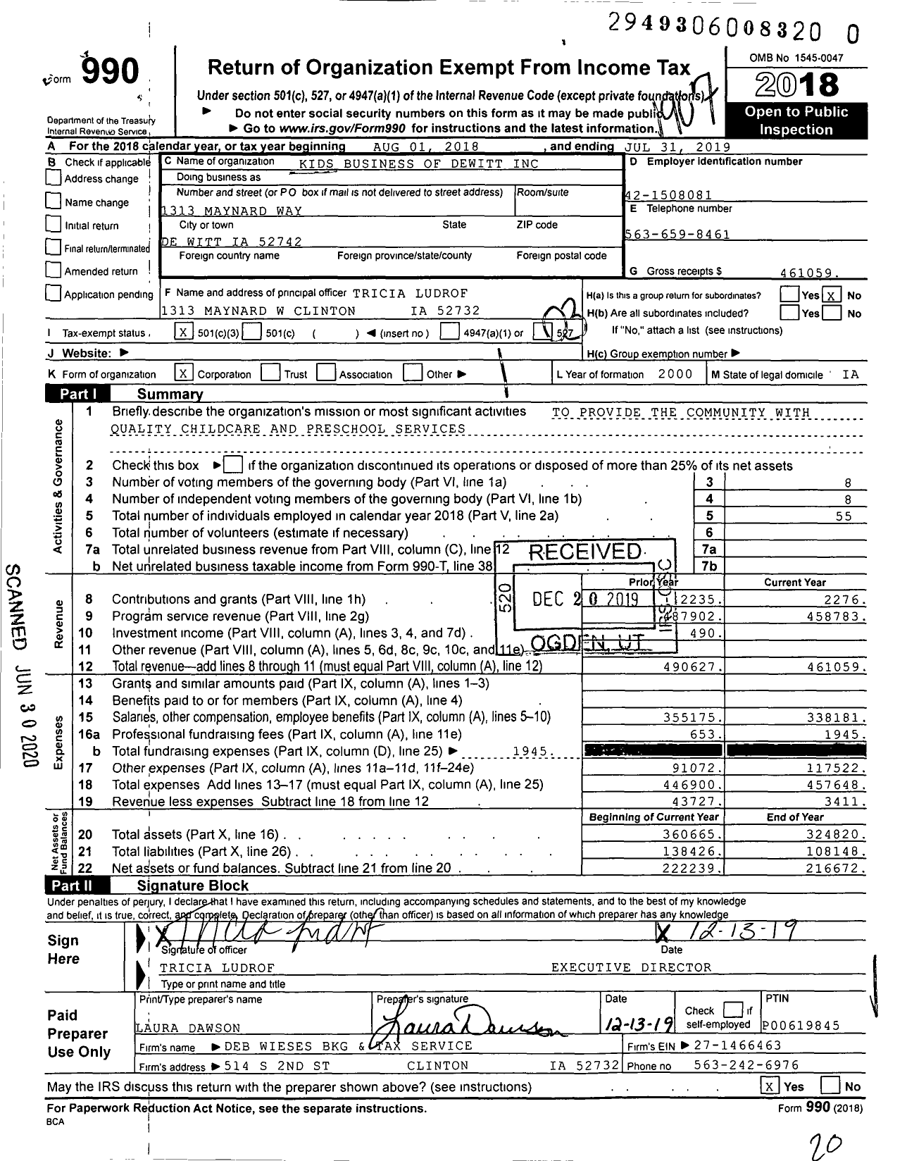 Image of first page of 2018 Form 990 for Kids Business of Dewitt