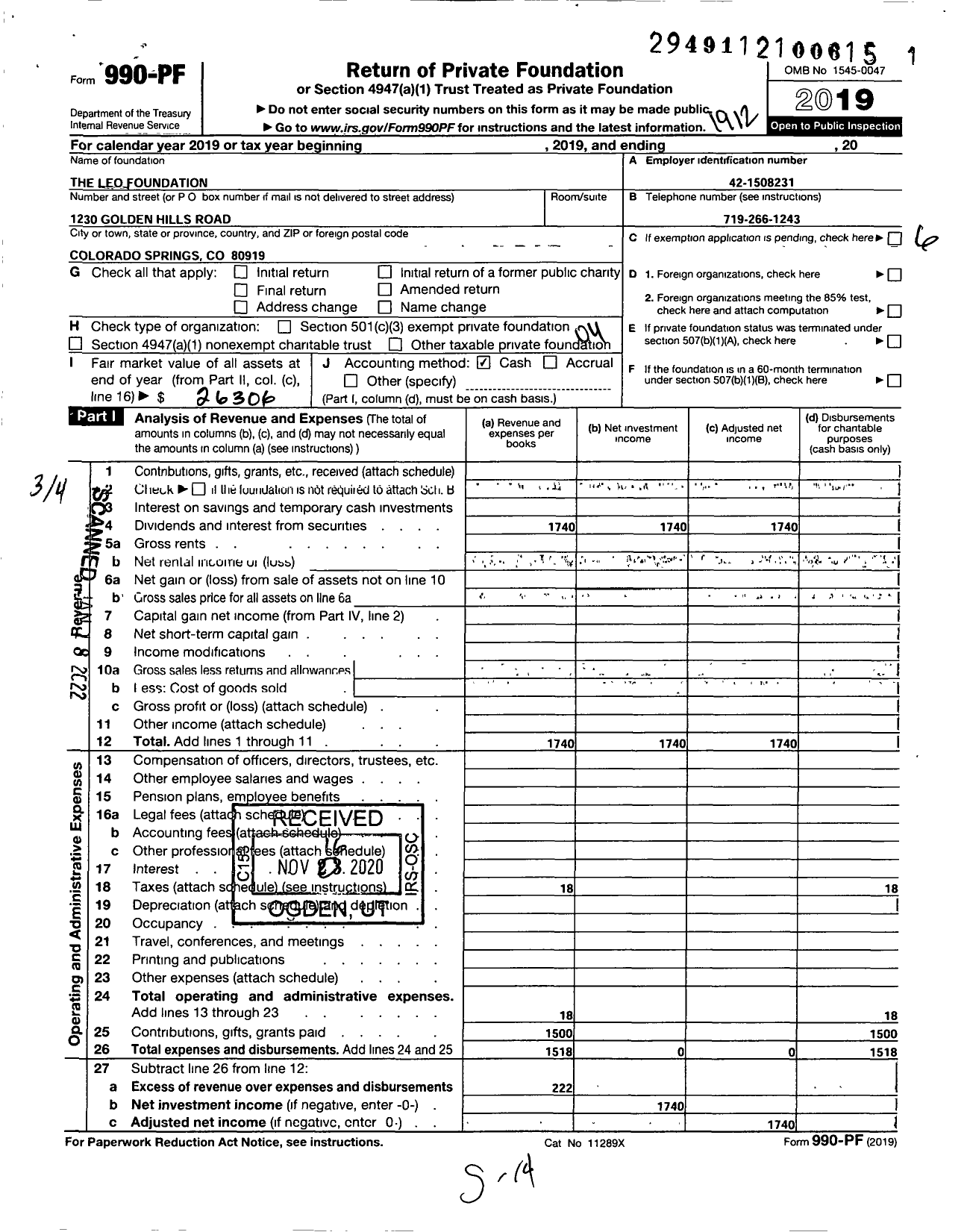 Image of first page of 2019 Form 990PF for The Leo Foundation