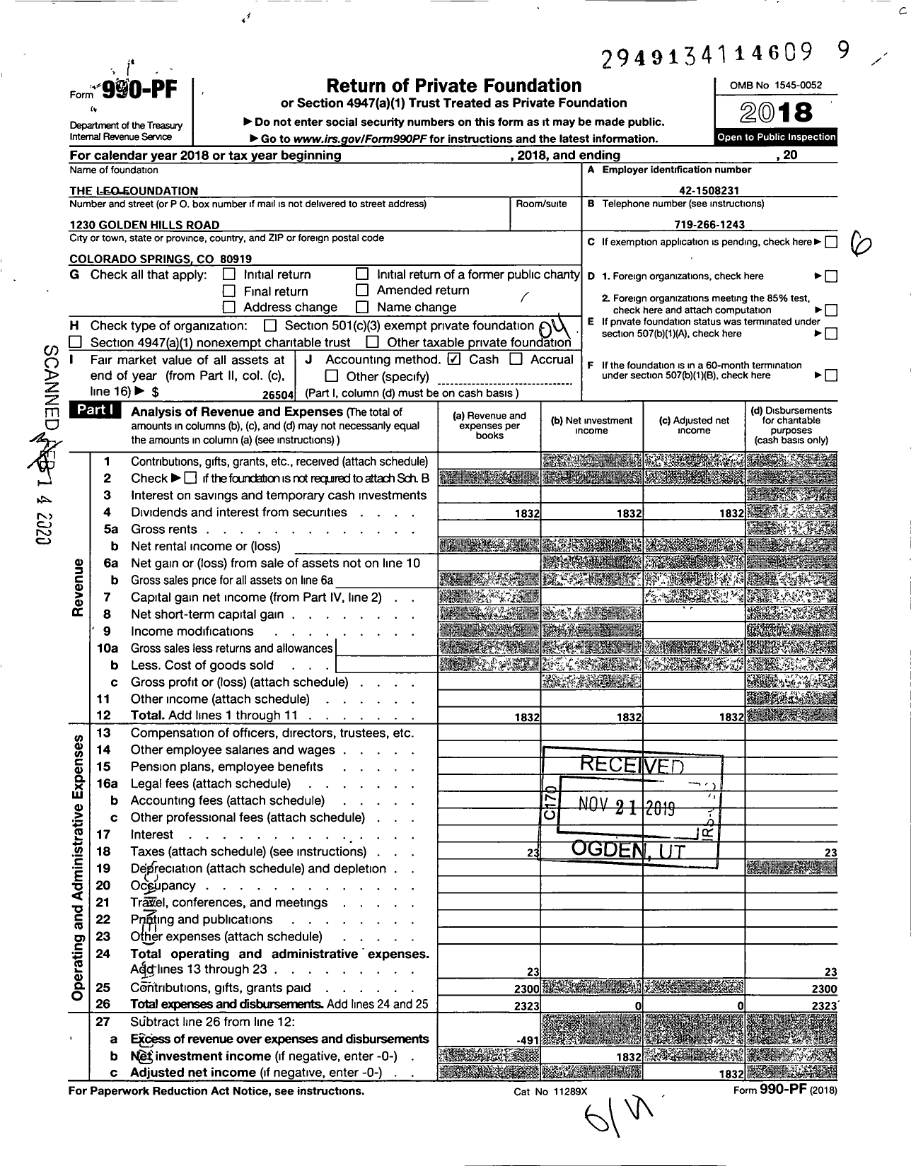 Image of first page of 2018 Form 990PF for The Leo Foundation