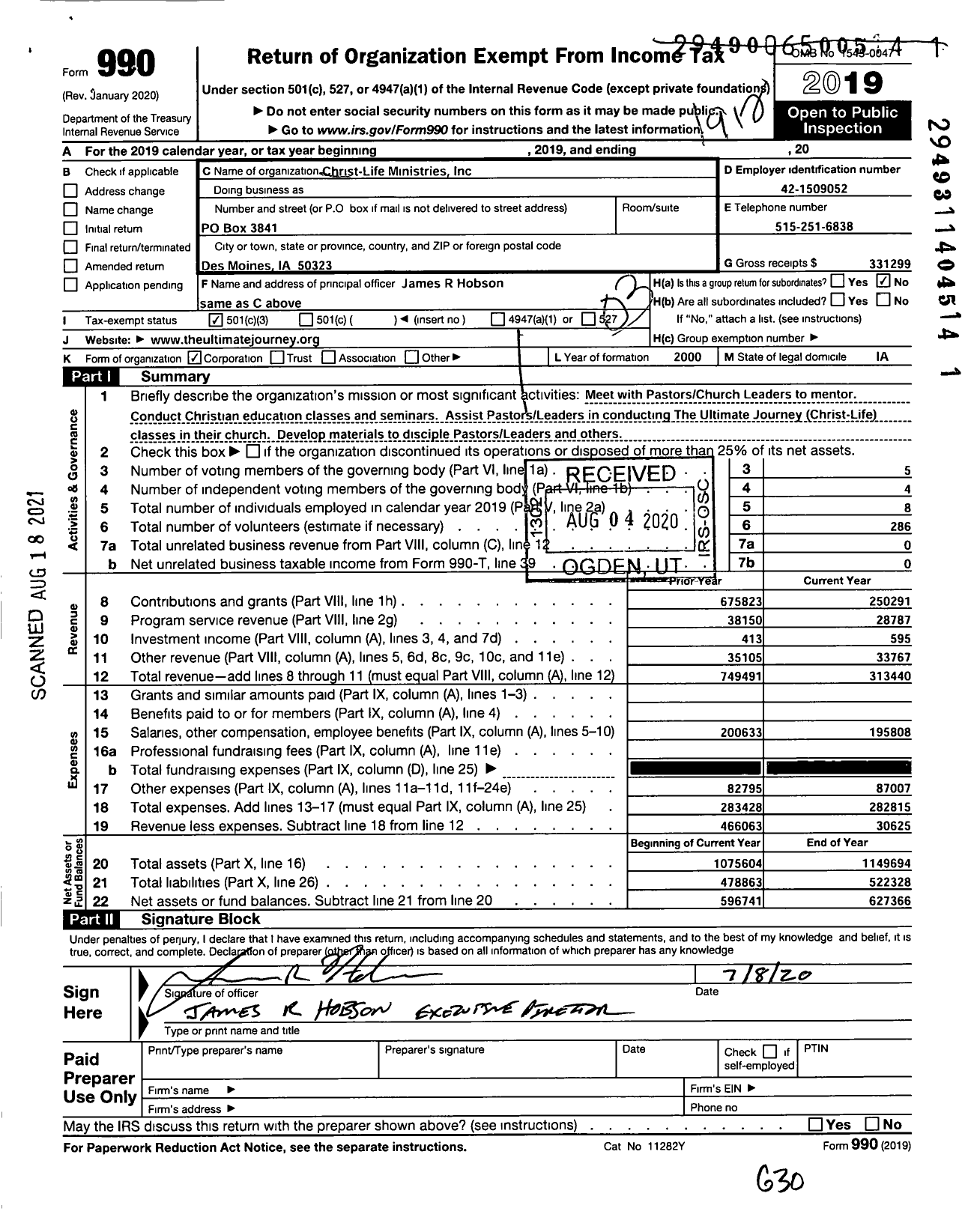Image of first page of 2019 Form 990 for Christ-Life Ministries