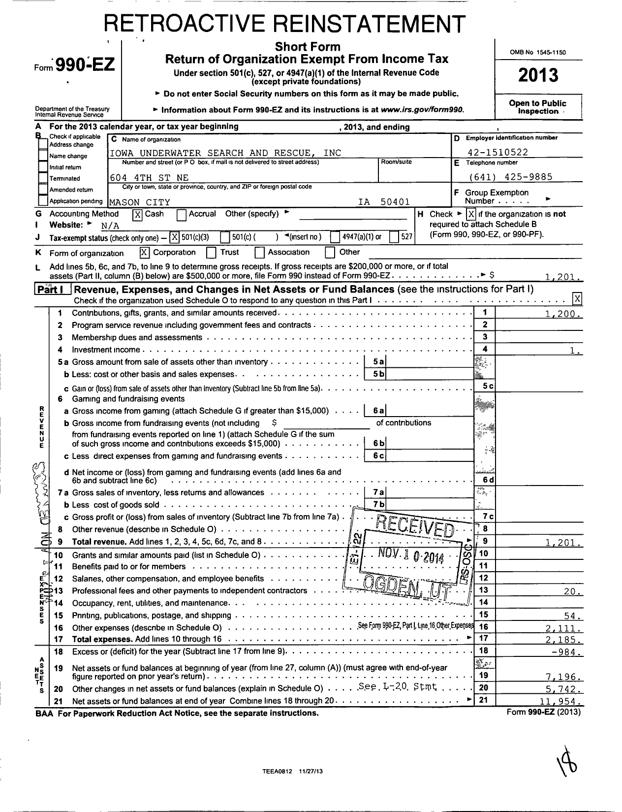 Image of first page of 2013 Form 990EZ for Iowa Underwater Search and Rescue