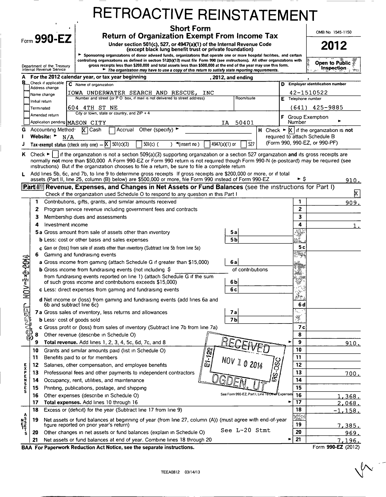 Image of first page of 2012 Form 990EZ for Iowa Underwater Search and Rescue