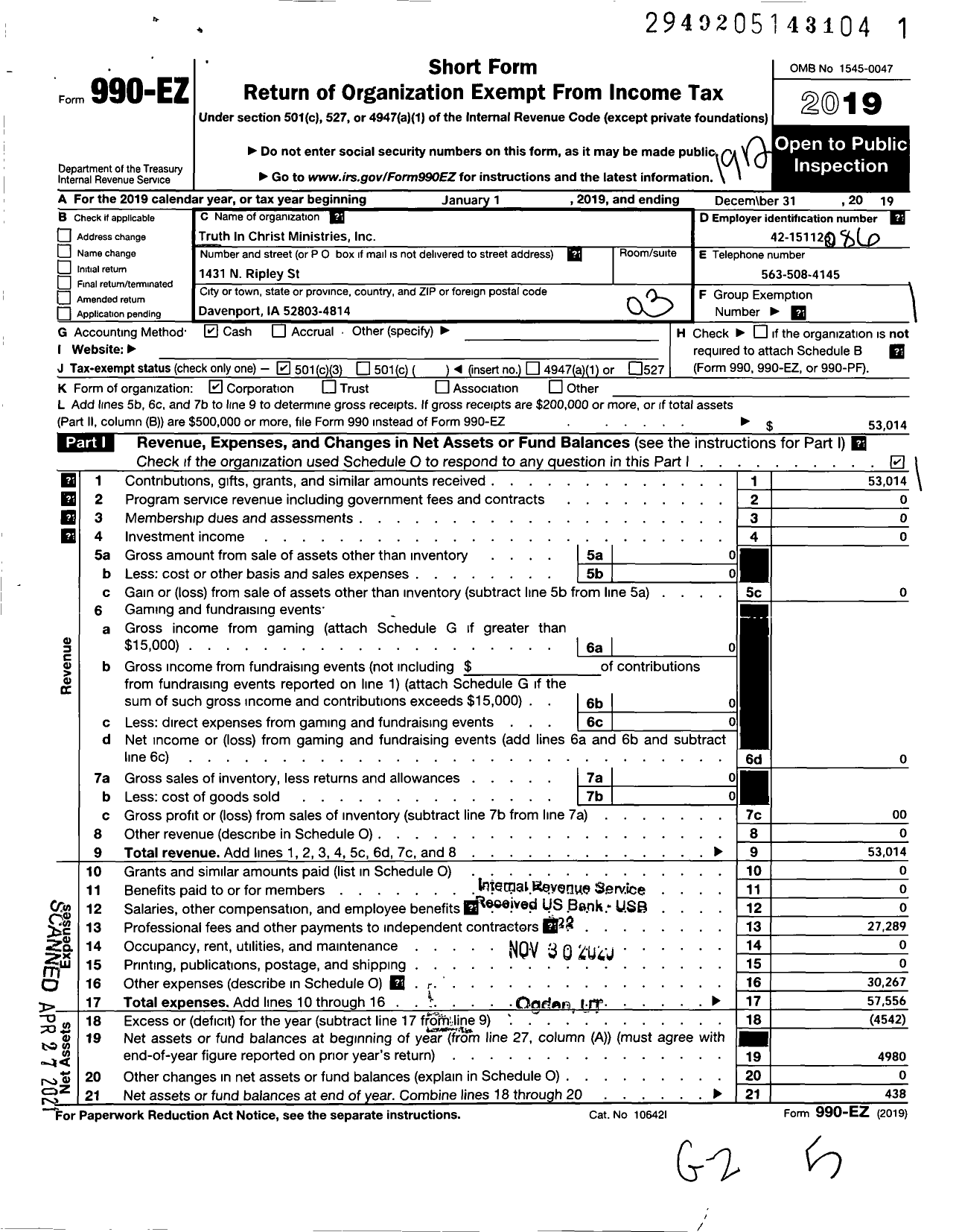 Image of first page of 2019 Form 990EZ for Truth in Christ Ministries