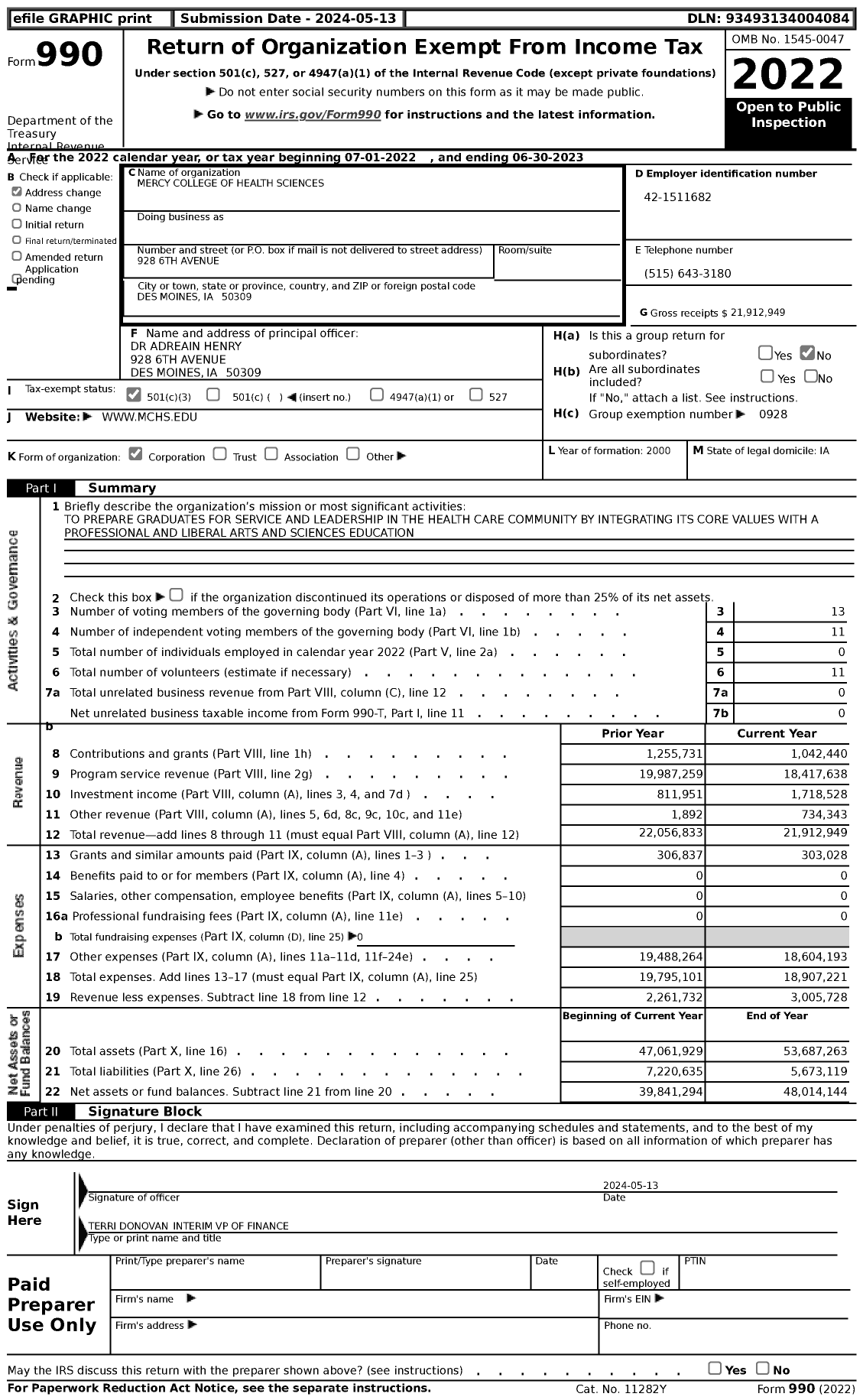 Image of first page of 2022 Form 990 for Mercy College of Health Sciences