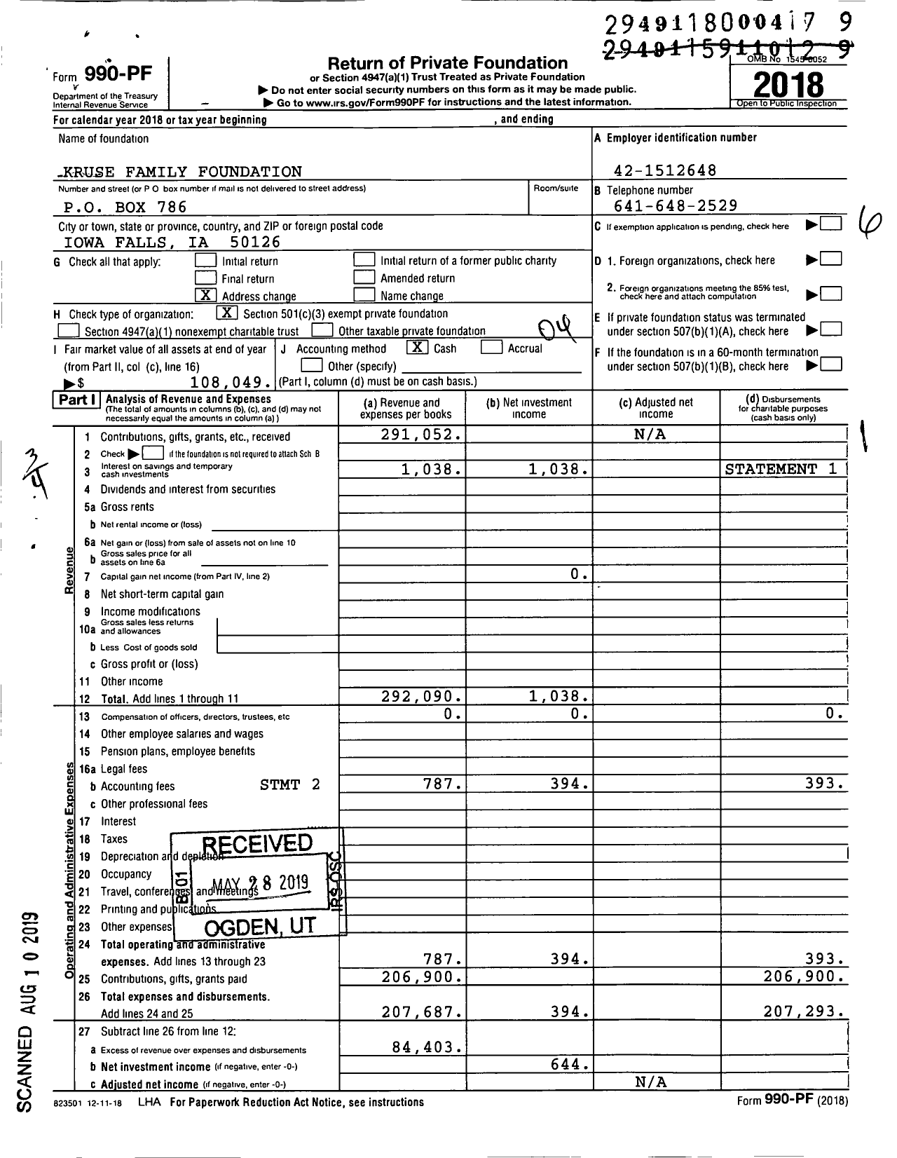 Image of first page of 2018 Form 990PF for Kruse Family Foundation