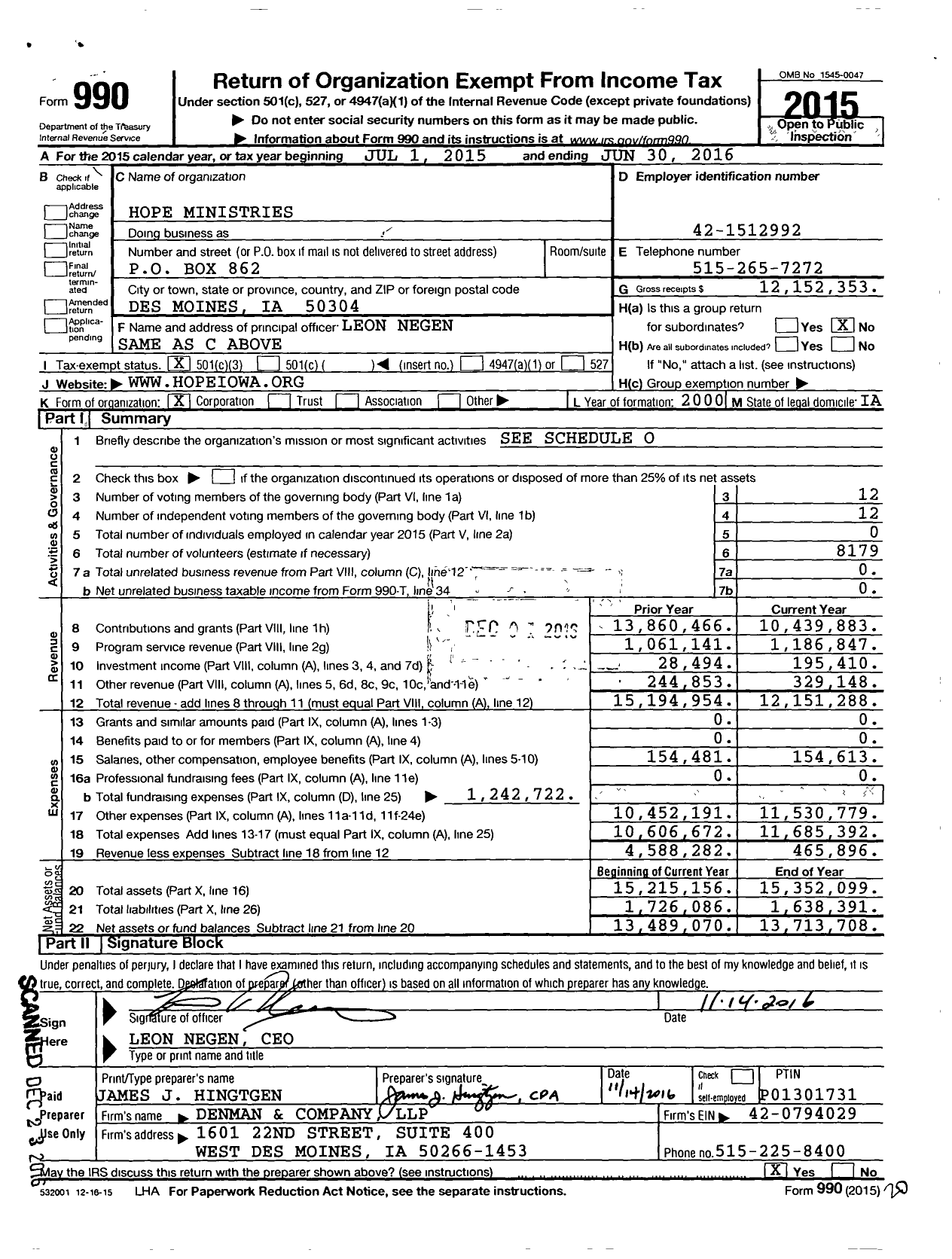 Image of first page of 2015 Form 990 for Hope Ministries