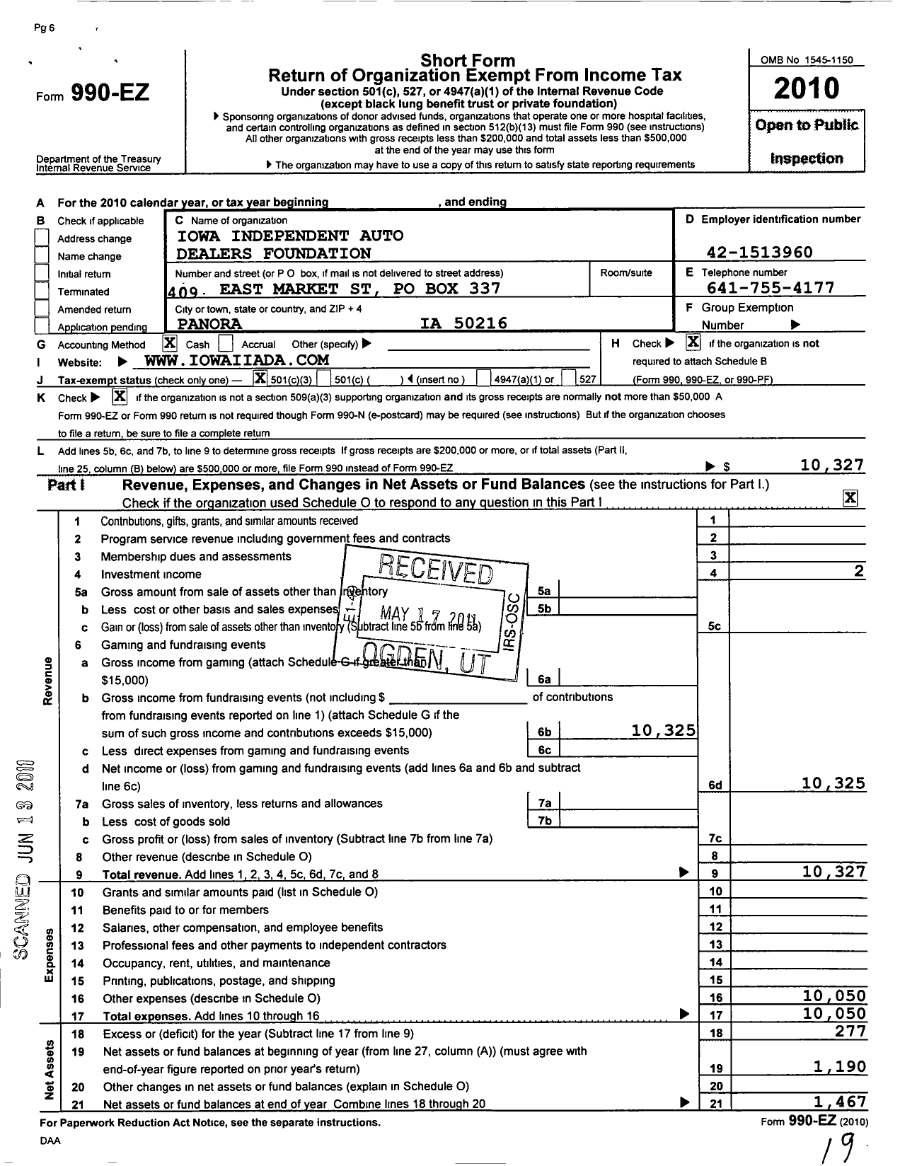 Image of first page of 2010 Form 990EZ for Iowa Independent Auto Dealers Foundation