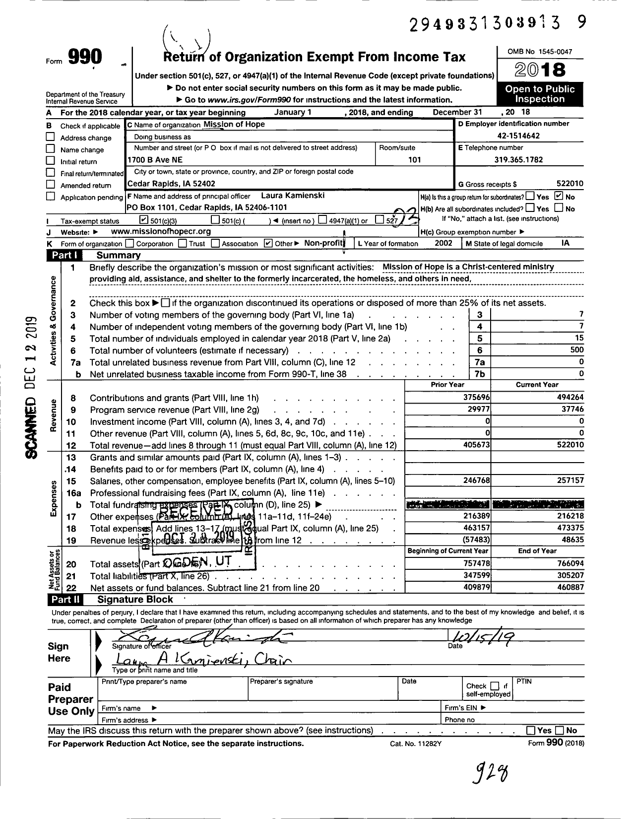 Image of first page of 2018 Form 990 for Mission of Hope