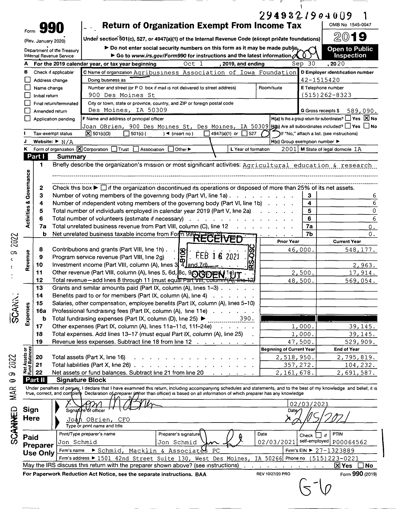 Image of first page of 2019 Form 990 for Agribusiness Association of Iowa Foundation