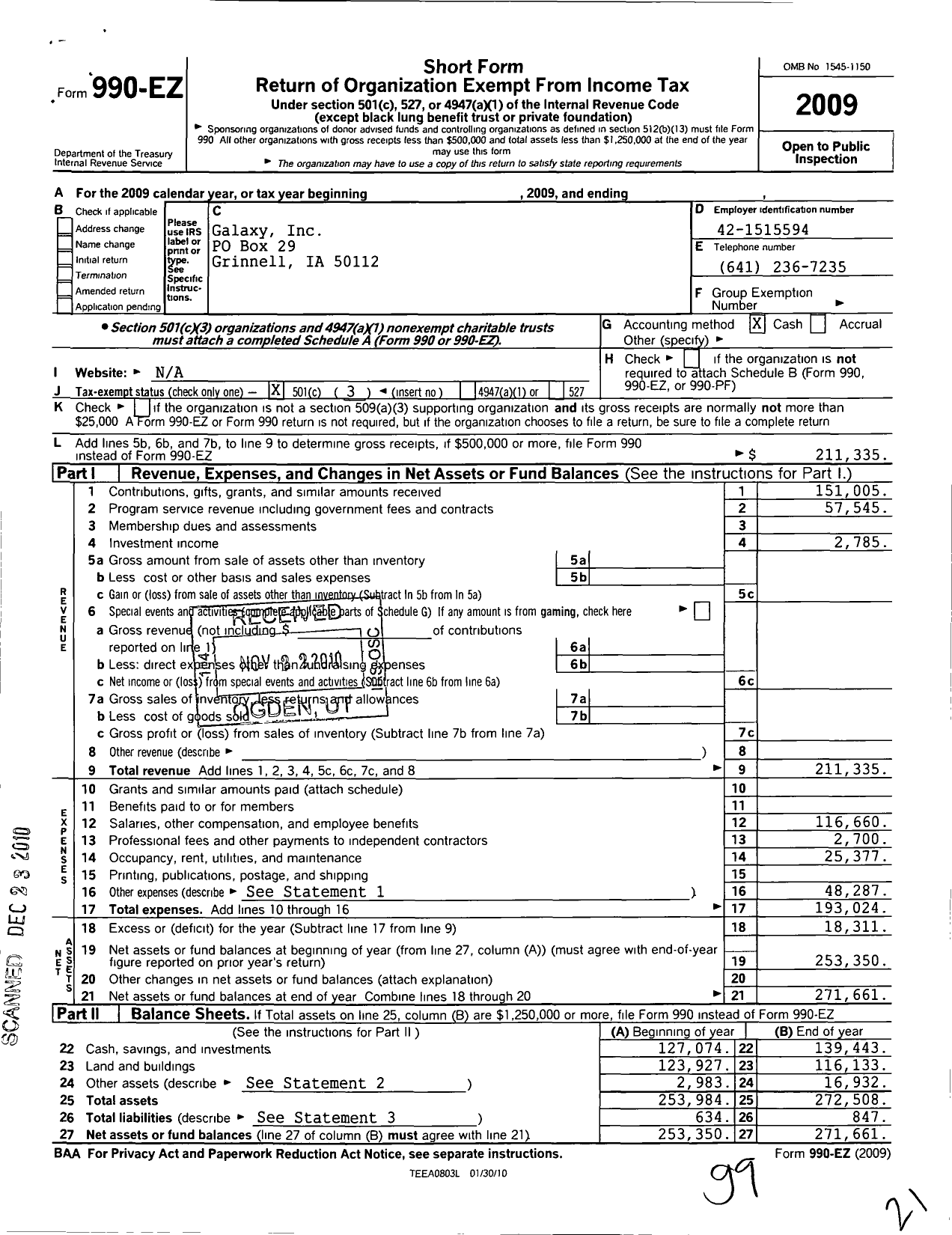 Image of first page of 2009 Form 990EZ for Galaxy