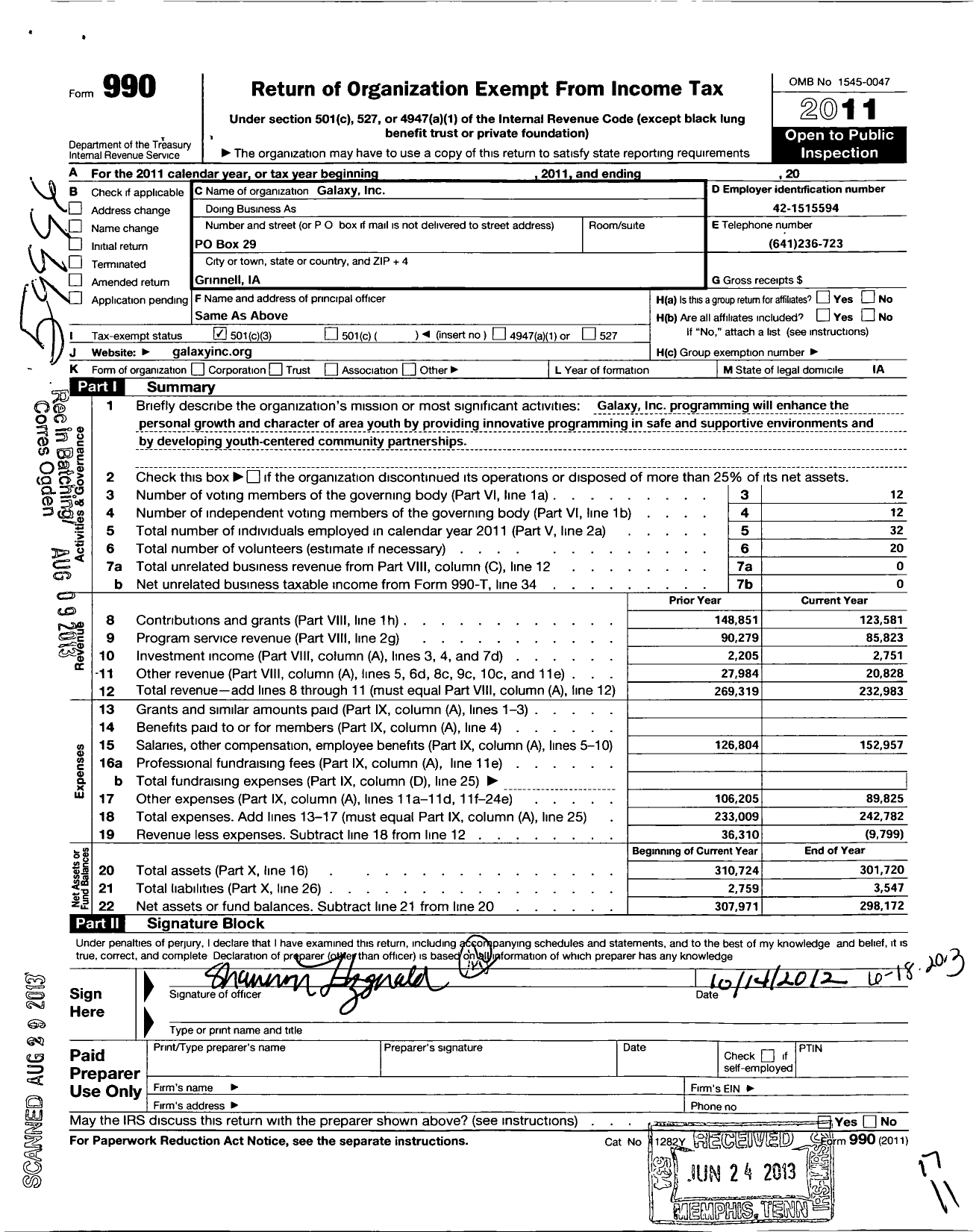 Image of first page of 2011 Form 990 for Galaxy