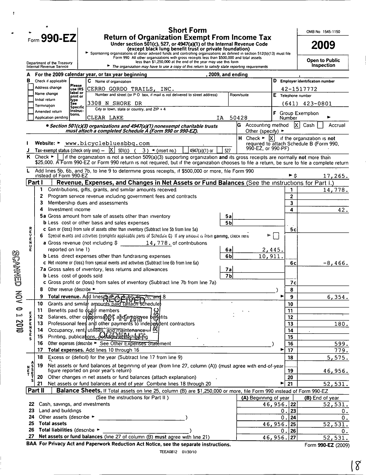 Image of first page of 2009 Form 990EZ for Cerro Gordo Trails