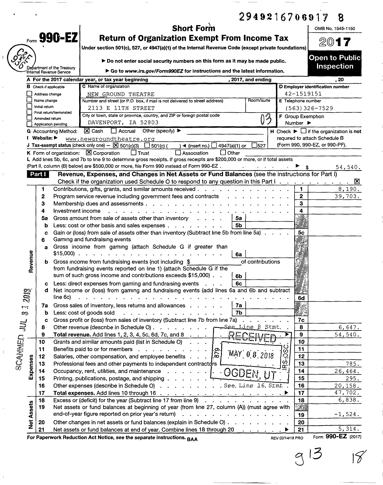 Image of first page of 2017 Form 990EZ for New Ground Theatre