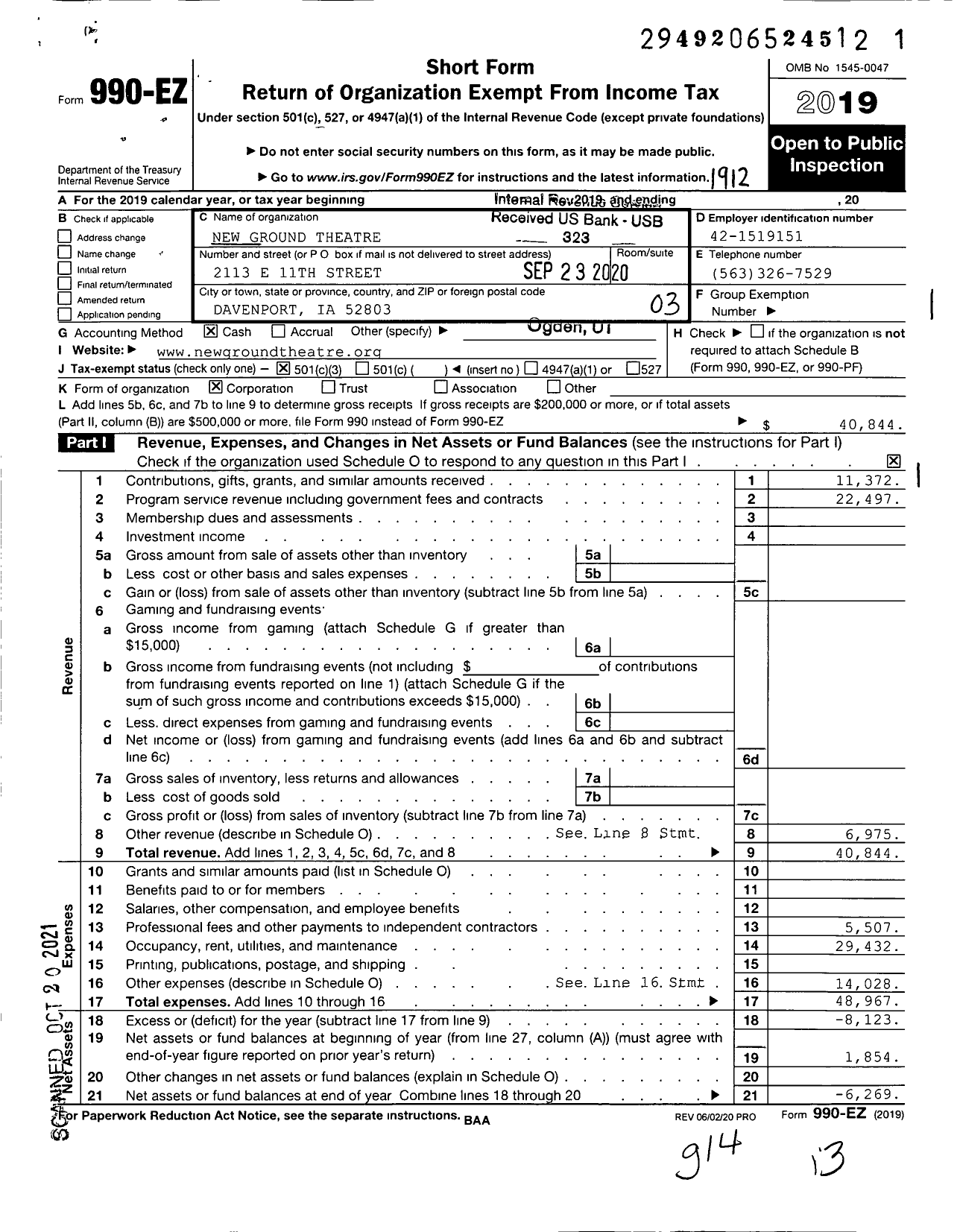 Image of first page of 2019 Form 990EZ for New Ground Theatre