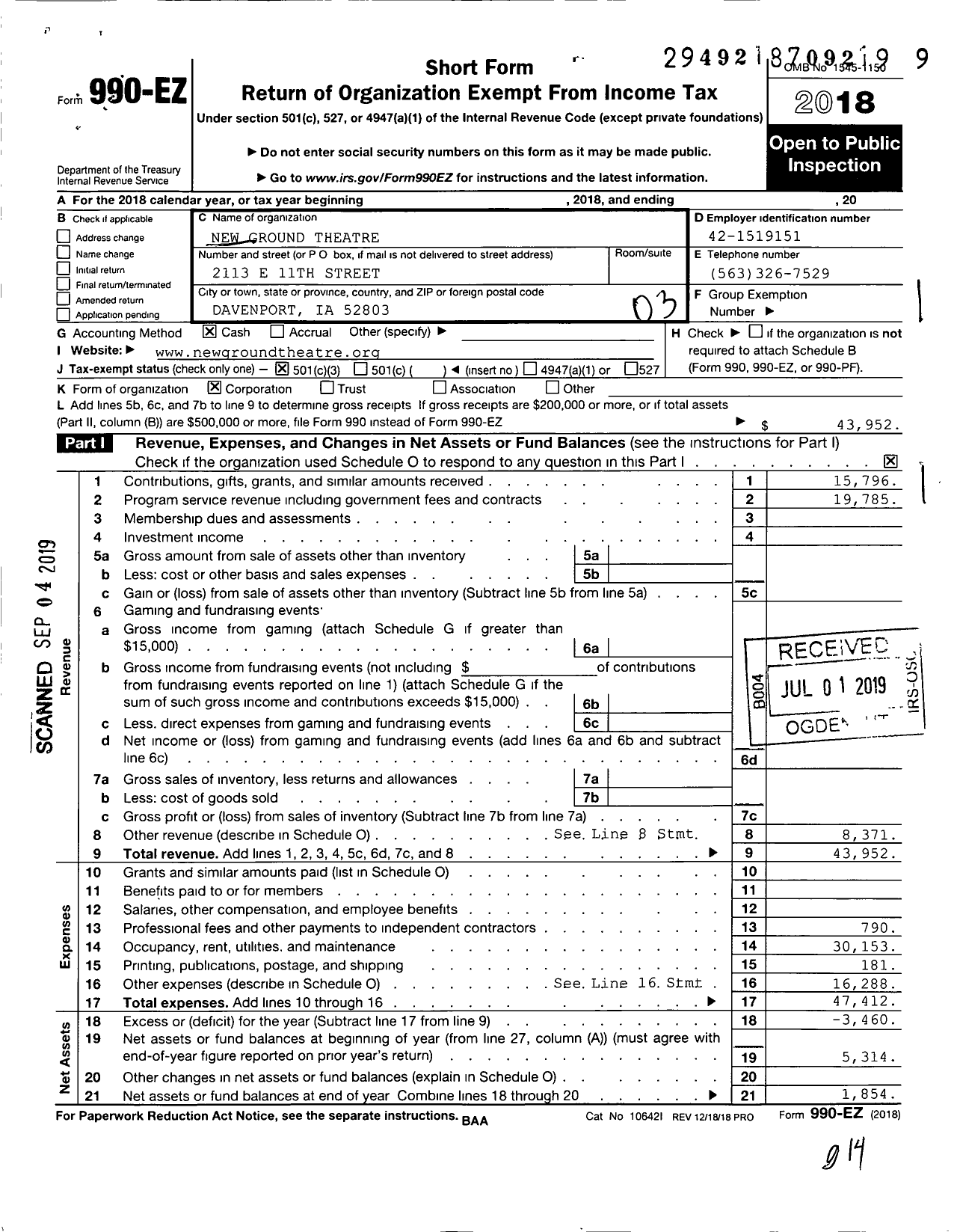 Image of first page of 2018 Form 990EZ for New Ground Theatre