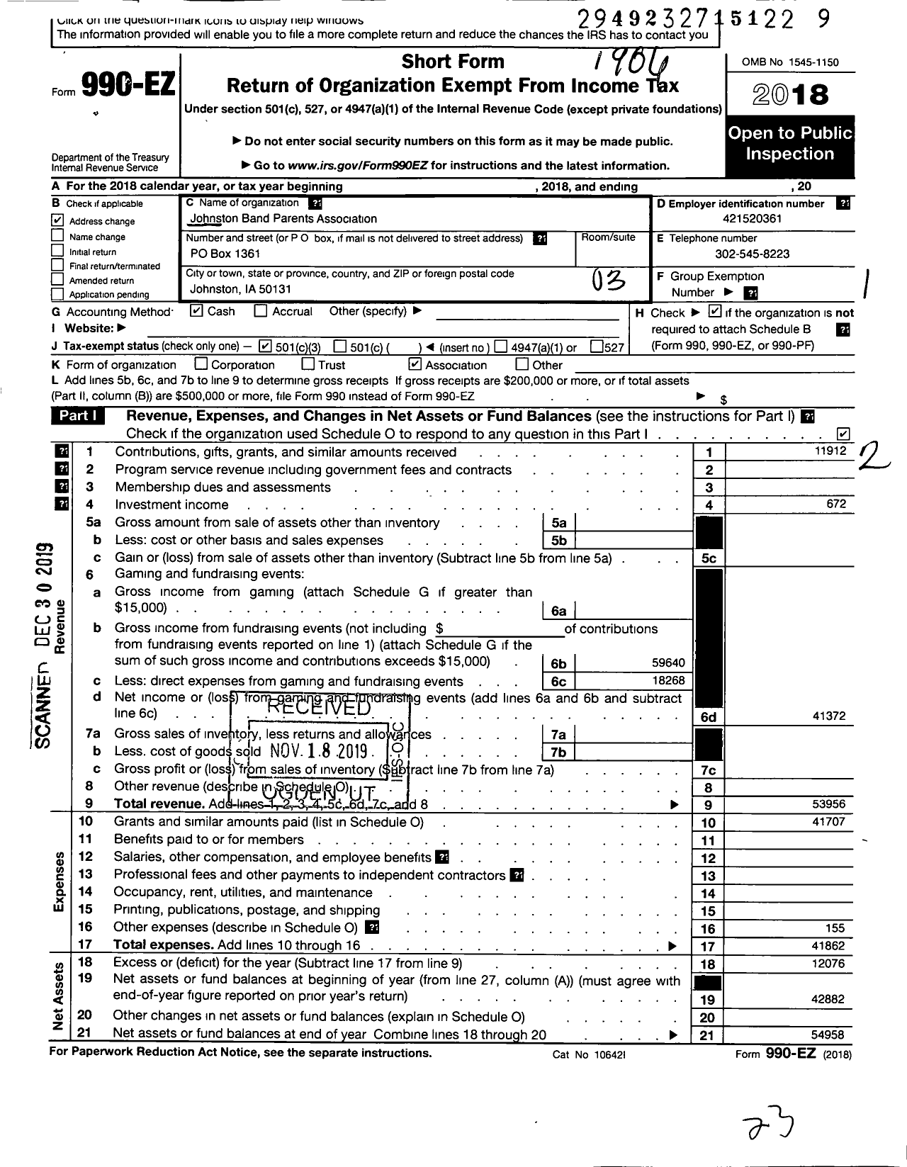 Image of first page of 2018 Form 990EZ for Johnston Band Parents Association