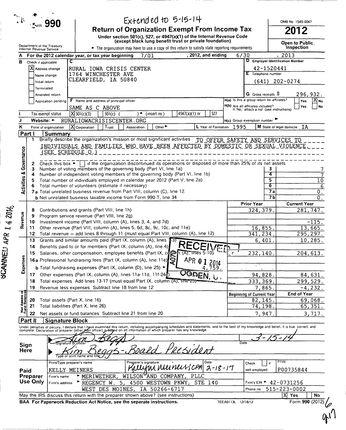 Image of first page of 2012 Form 990 for Rural Iowa Crisis Center