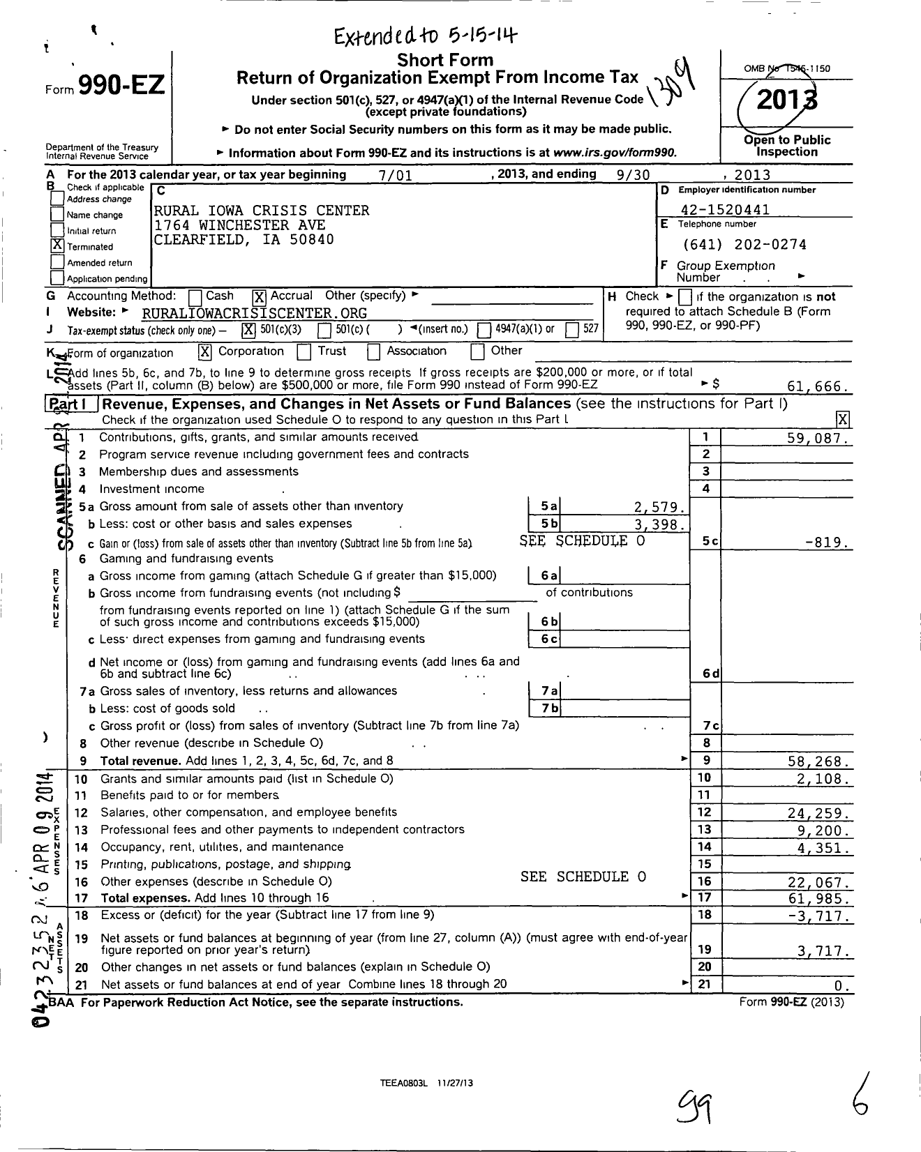 Image of first page of 2012 Form 990EZ for Rural Iowa Crisis Center