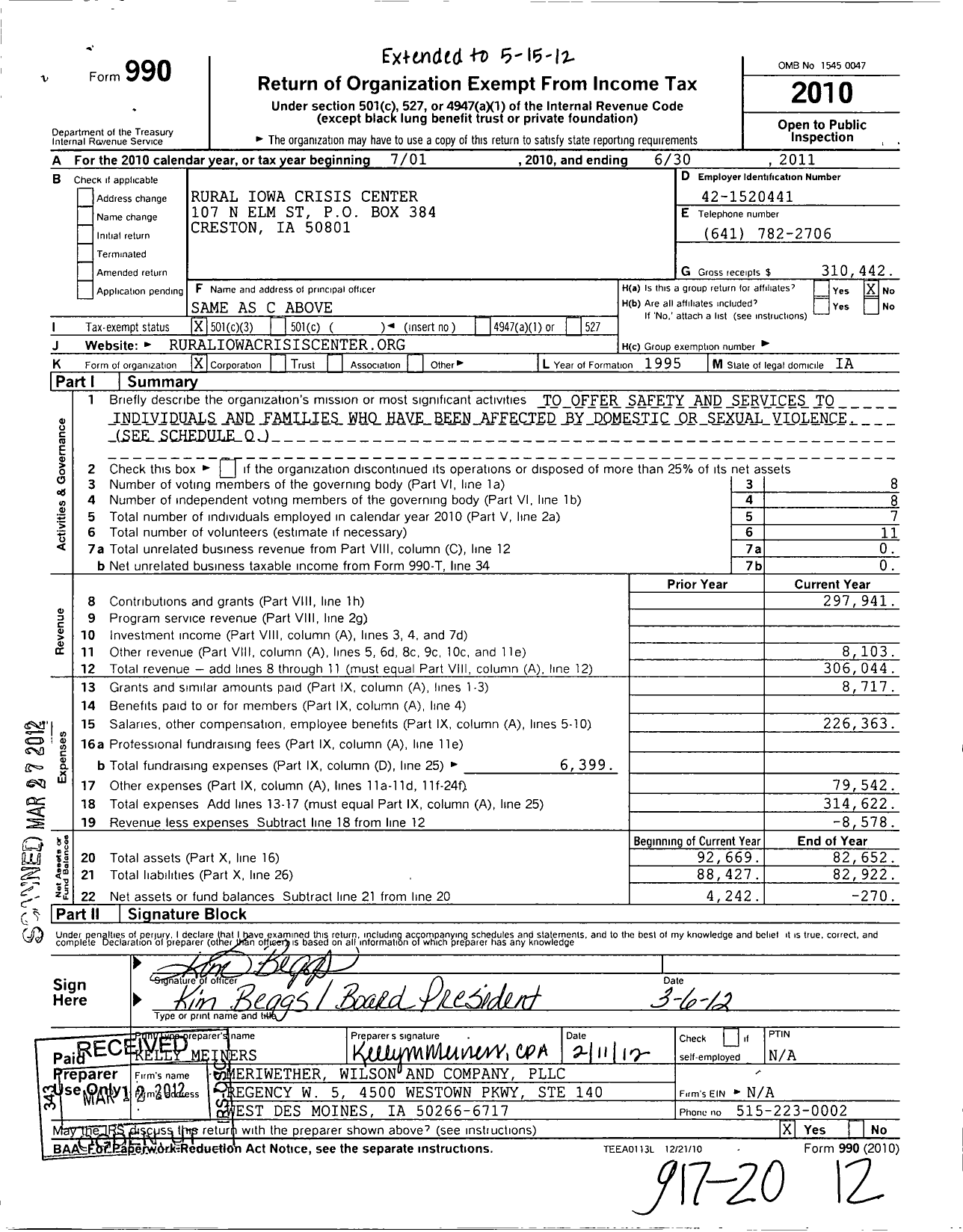 Image of first page of 2010 Form 990 for Rural Iowa Crisis Center