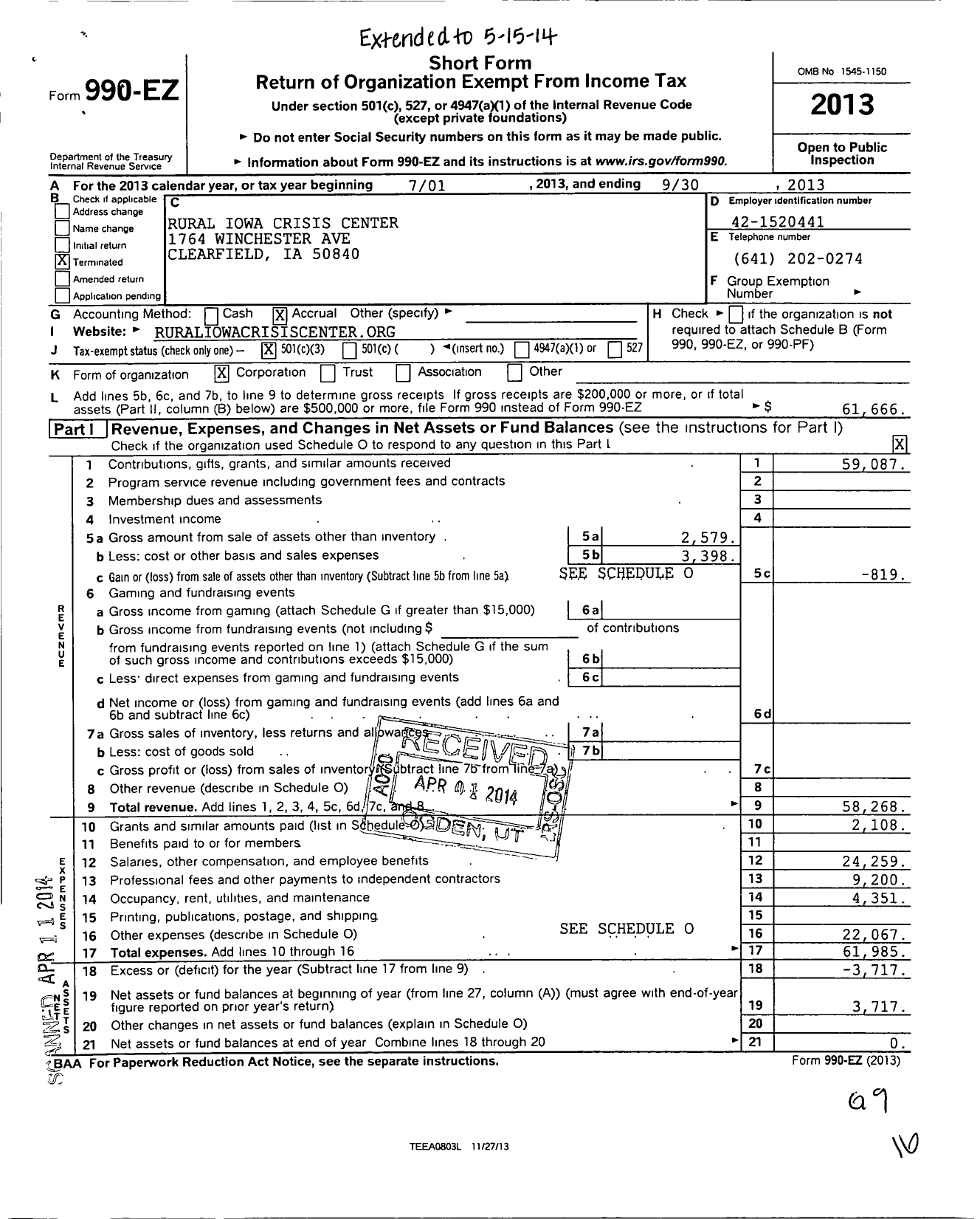 Image of first page of 2012 Form 990EZ for Rural Iowa Crisis Center