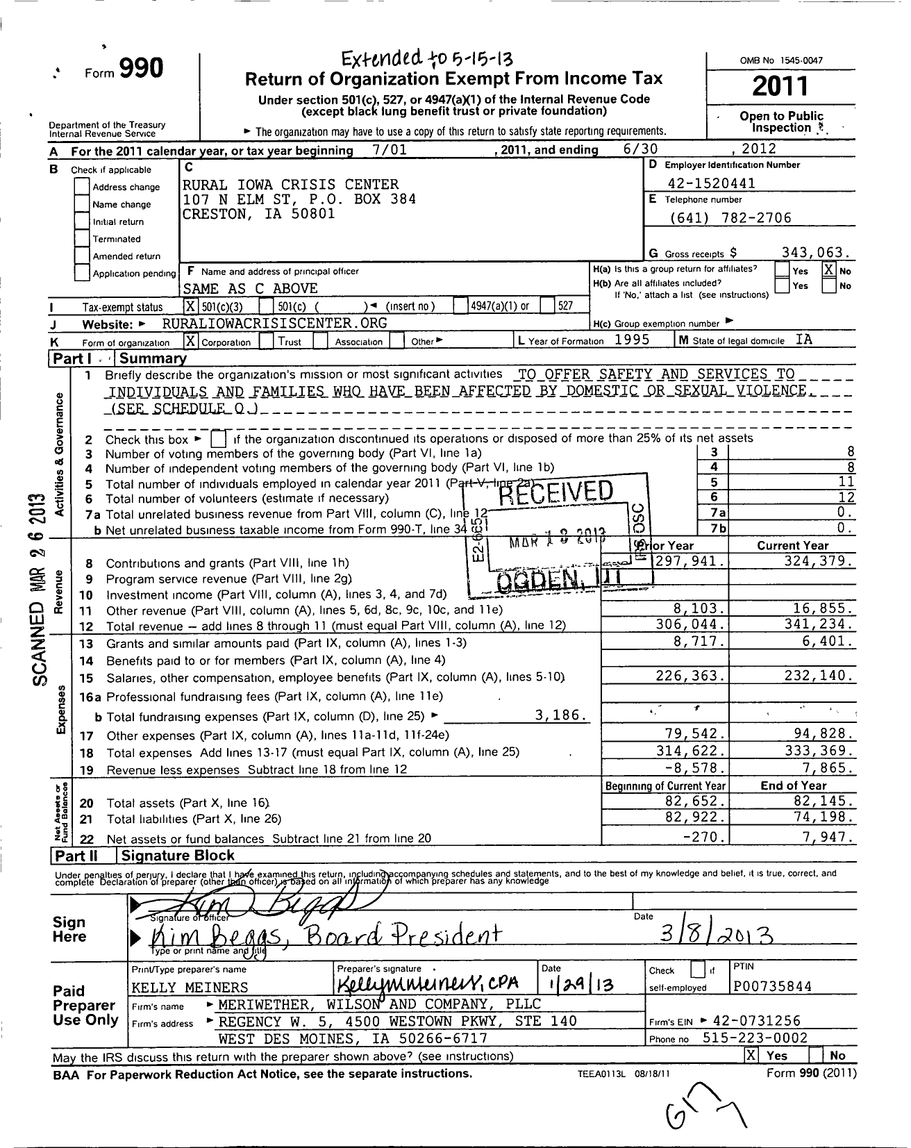 Image of first page of 2011 Form 990 for Rural Iowa Crisis Center