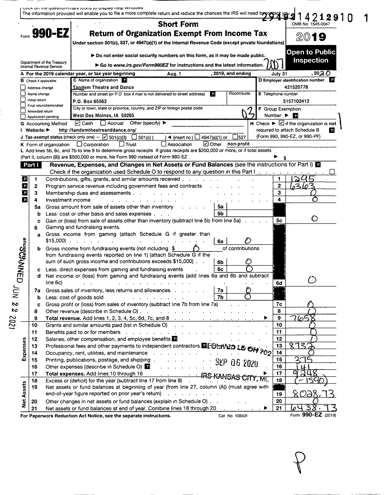 Image of first page of 2019 Form 990EZ for Tandem Theatre and Dance Company