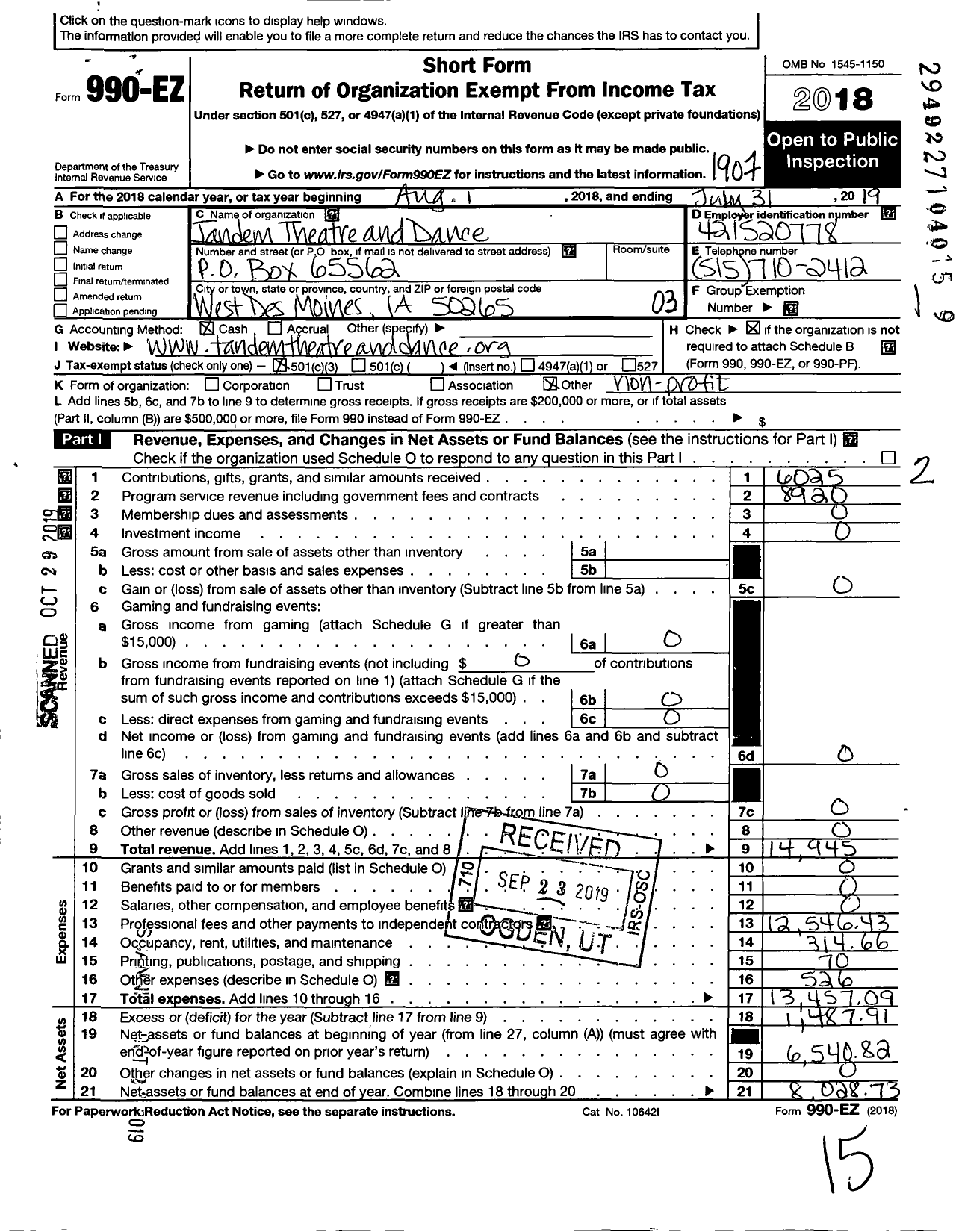 Image of first page of 2018 Form 990EZ for Tandem Theatre and Dance Company