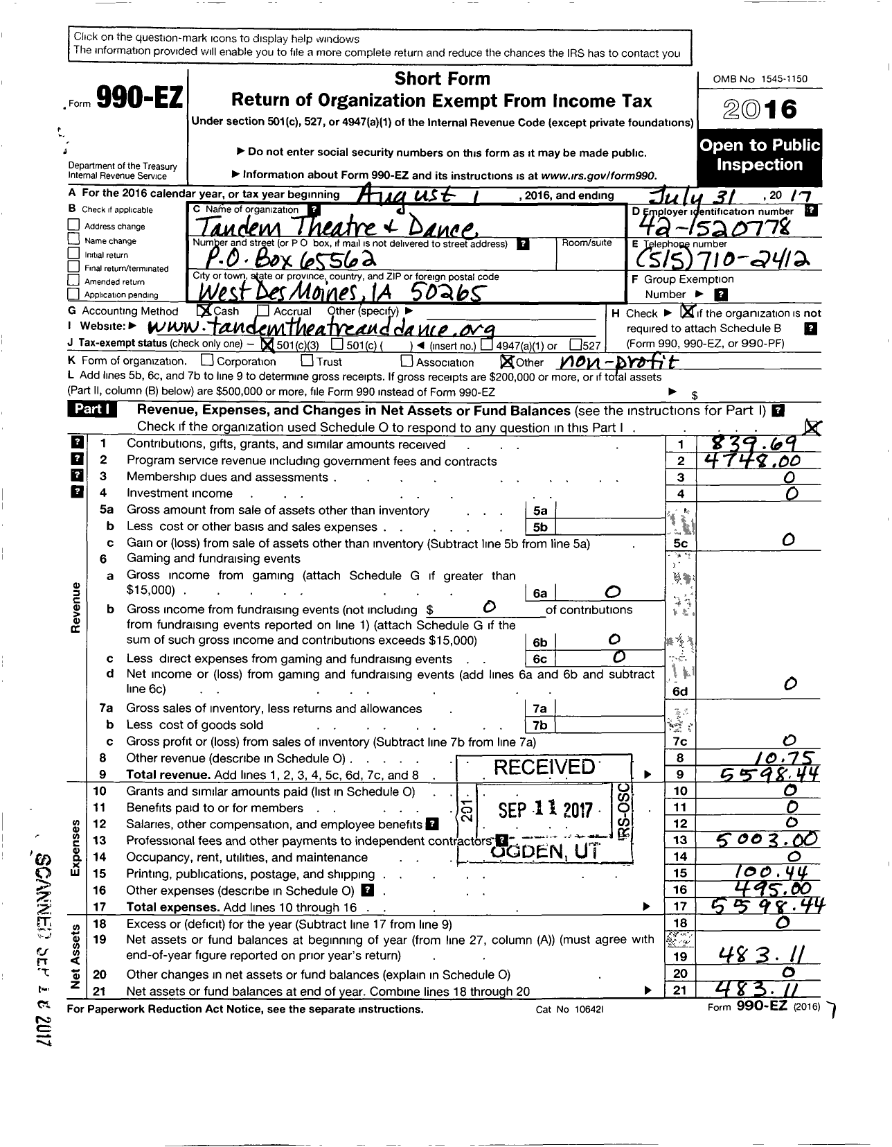 Image of first page of 2016 Form 990EZ for Tandem Theatre and Dance Company