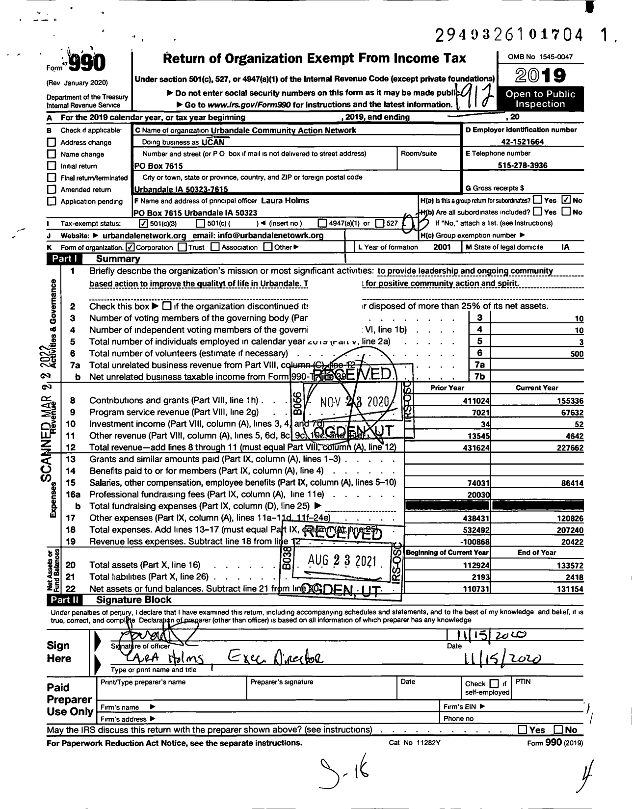 Image of first page of 2019 Form 990 for Urbandale Community Action Network (UCAN)