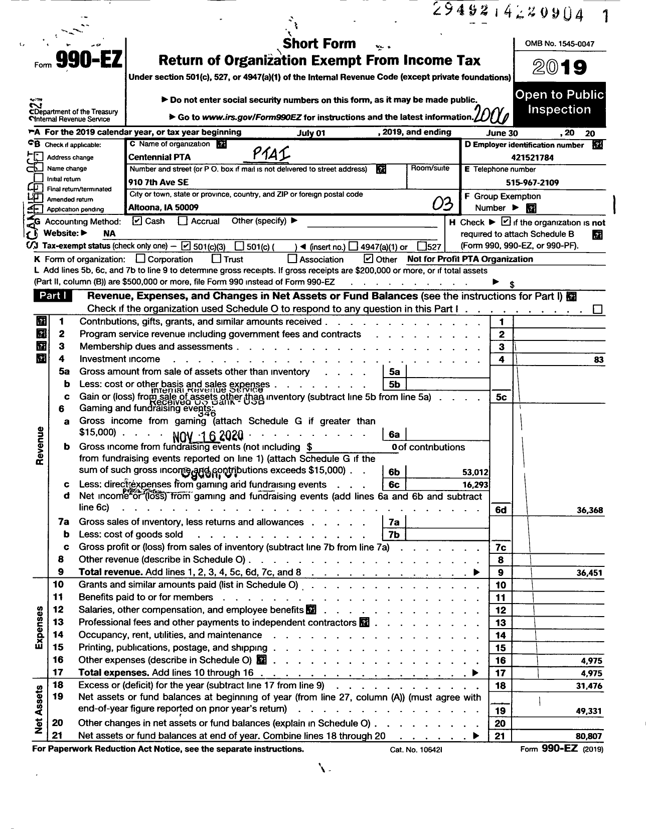 Image of first page of 2019 Form 990EZ for PTA Centennial