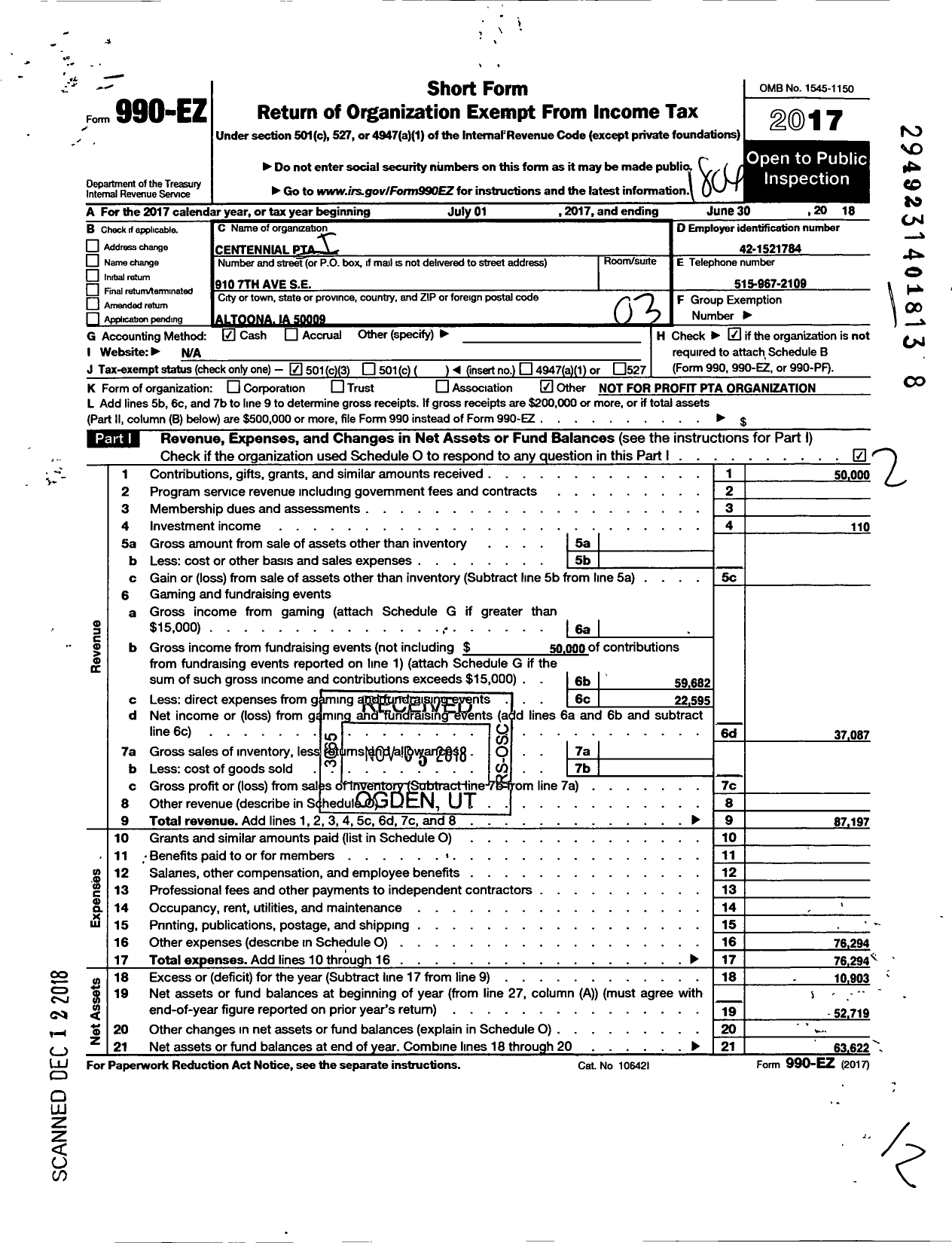 Image of first page of 2017 Form 990EZ for PTA Centennial