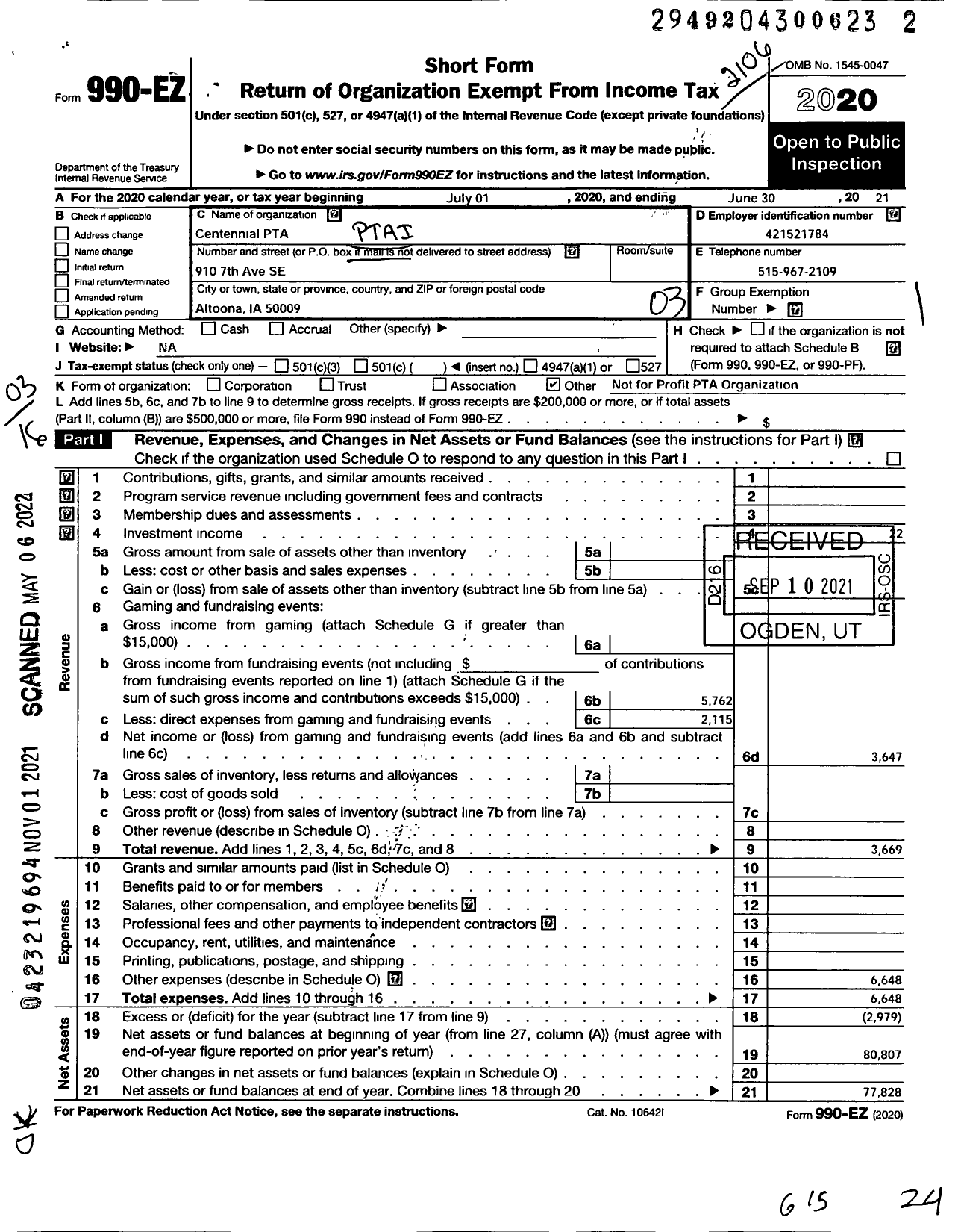 Image of first page of 2020 Form 990EZ for PTA Centennial