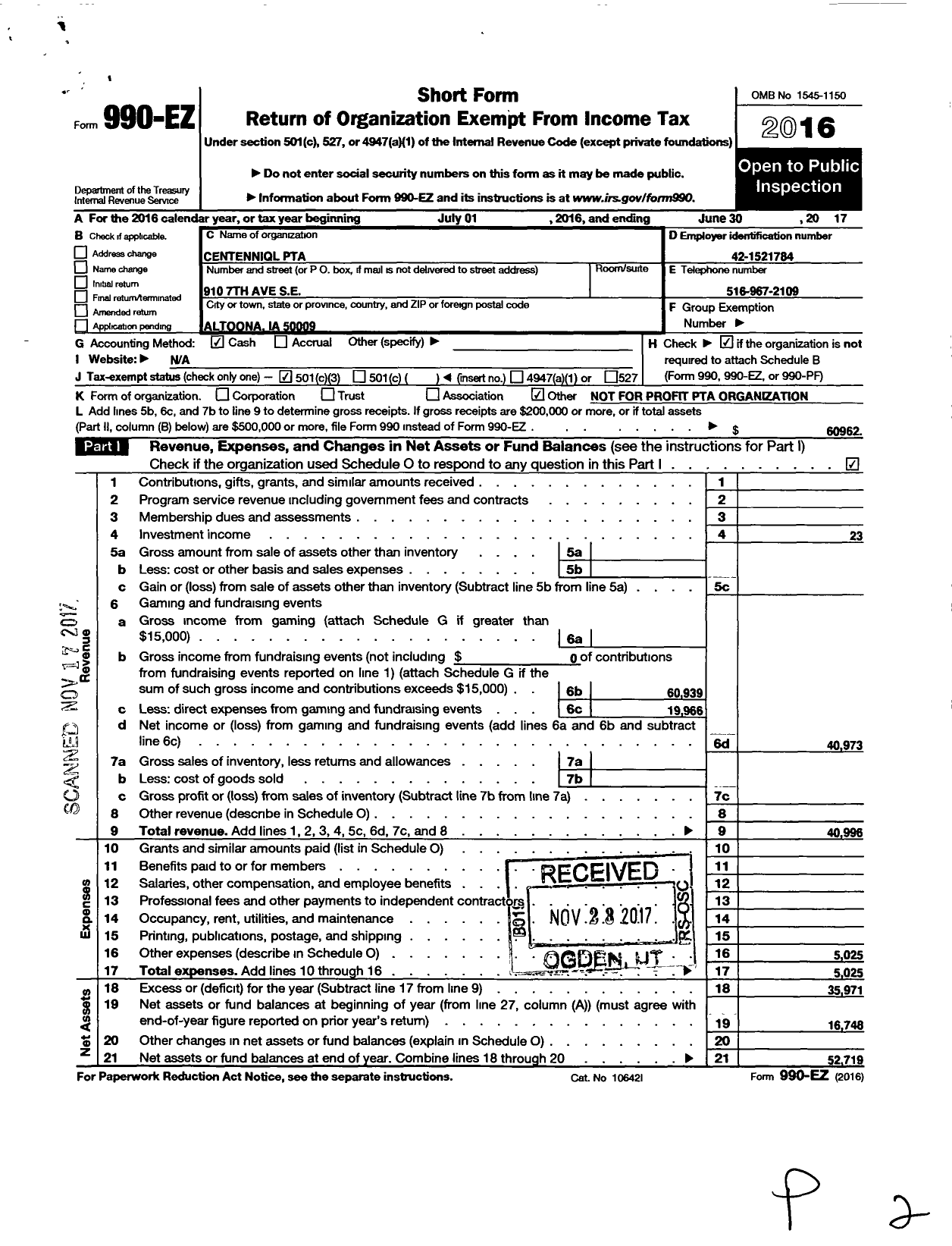 Image of first page of 2016 Form 990EZ for PTA Centennial