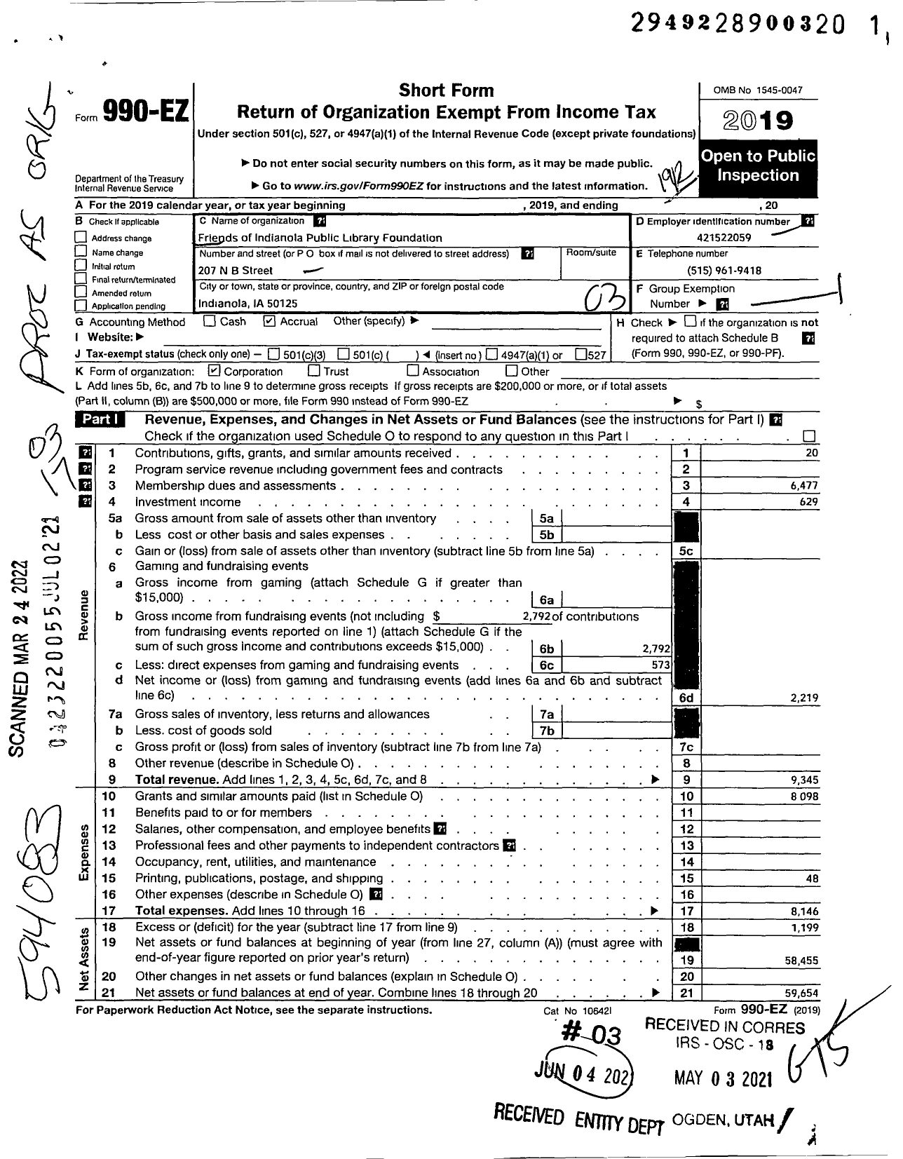 Image of first page of 2019 Form 990EZ for Friends of the Indianola Public Library Foundation