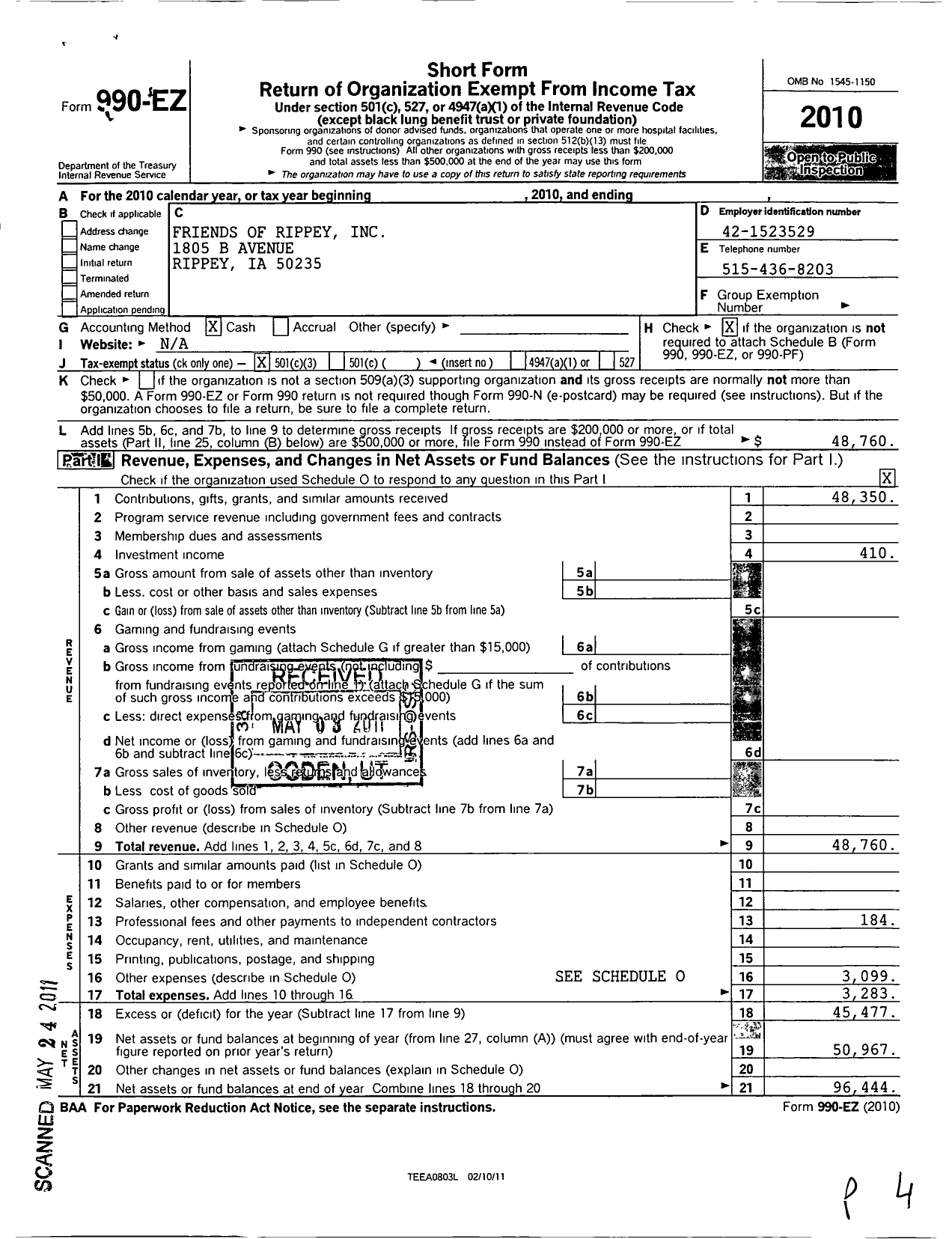 Image of first page of 2010 Form 990EZ for Friends of Rippey