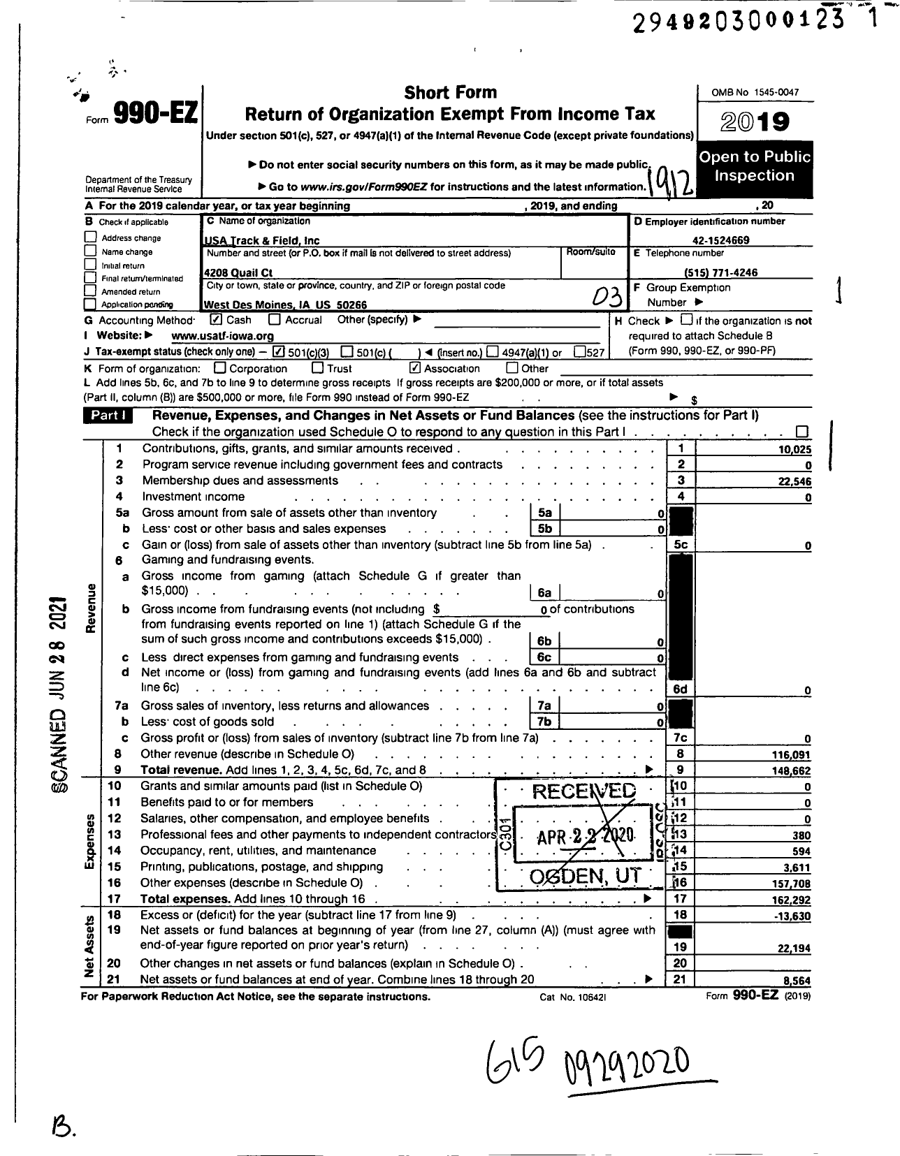 Image of first page of 2019 Form 990EZ for USA Track and Field / Usatf Iowa