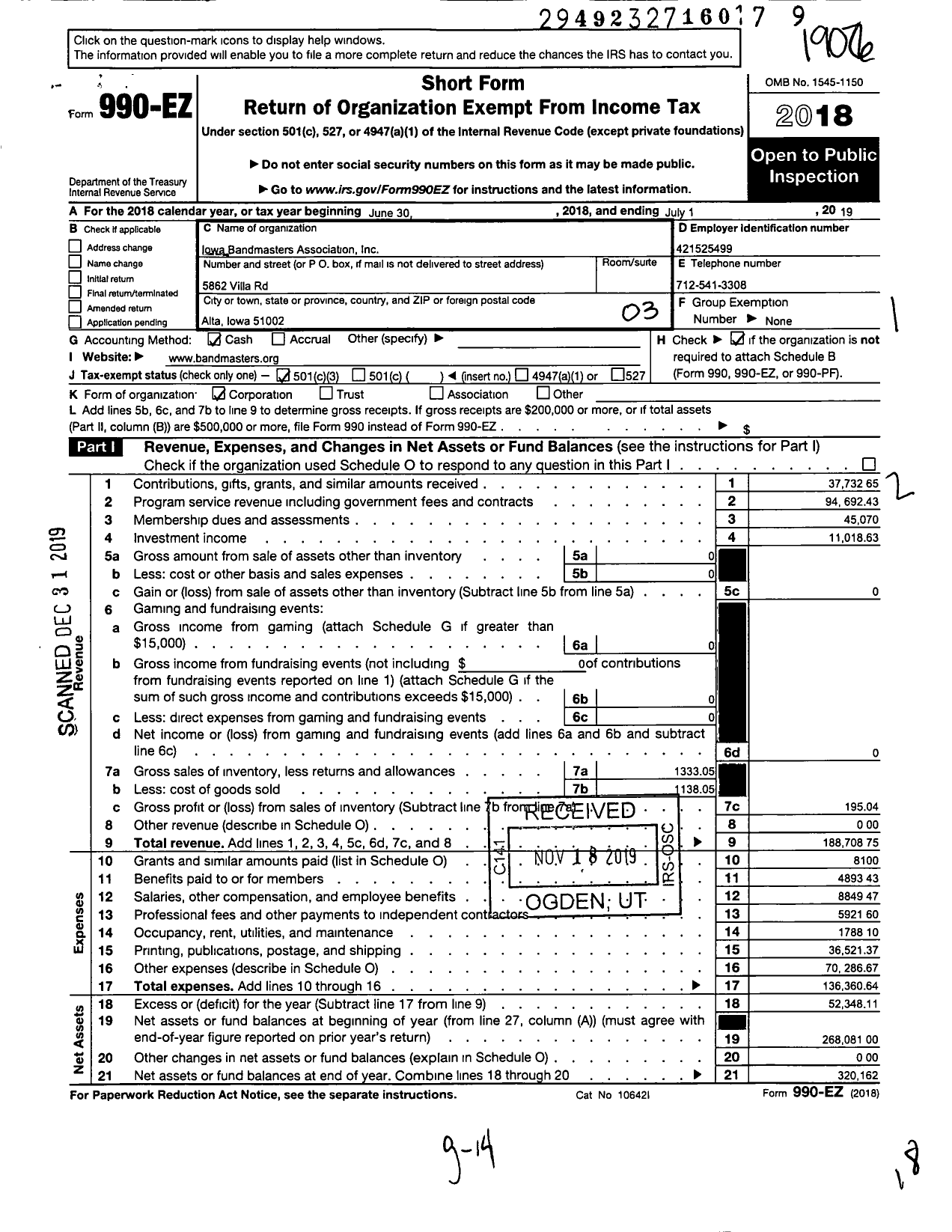 Image of first page of 2018 Form 990EZ for Iowa Bandmasters Association