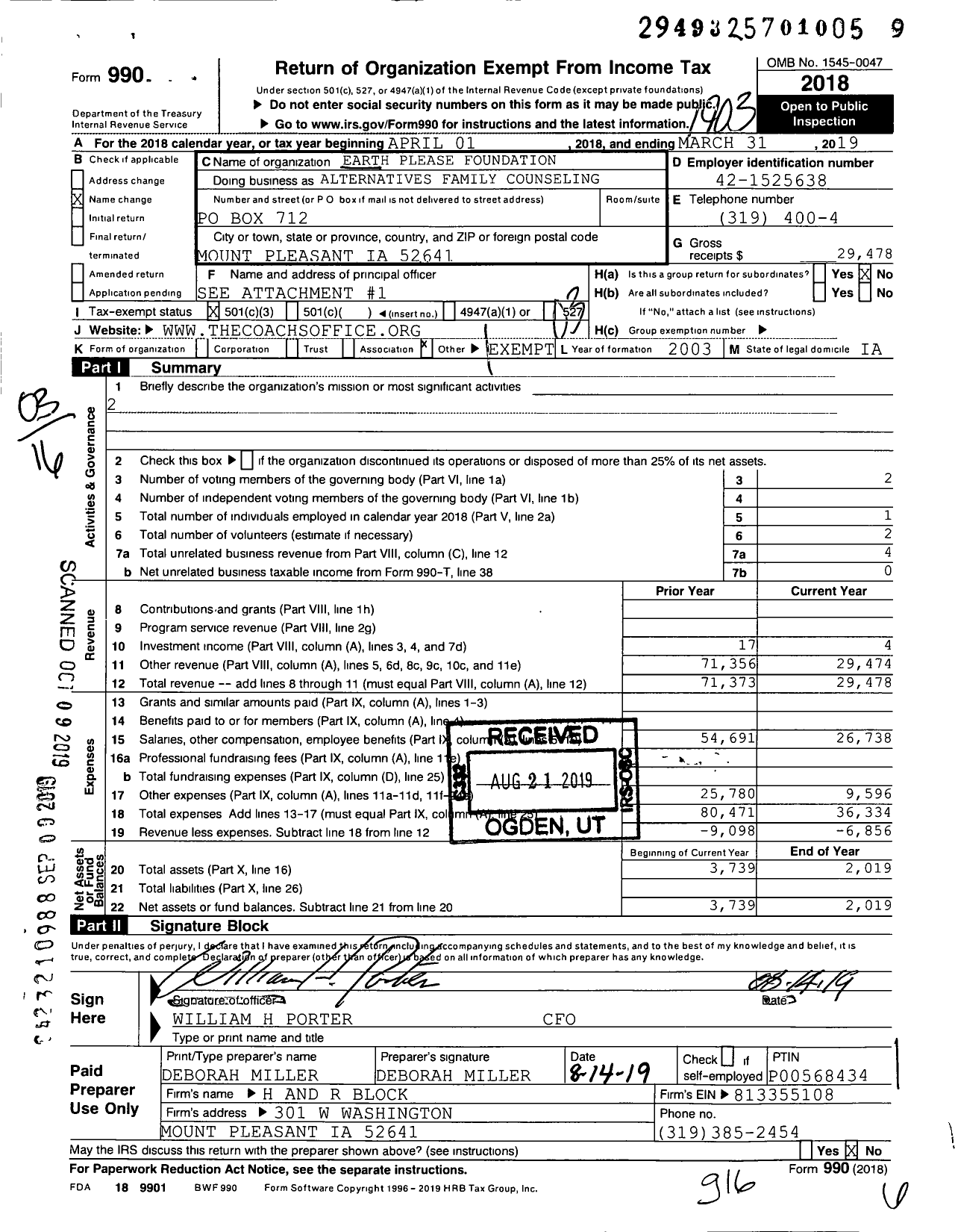 Image of first page of 2018 Form 990 for Alternatives Family Counseling