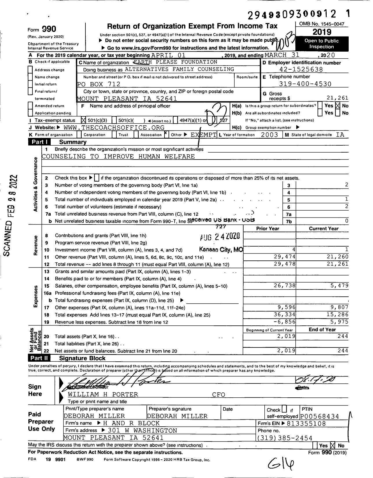 Image of first page of 2019 Form 990 for Alternatives Family Counseling