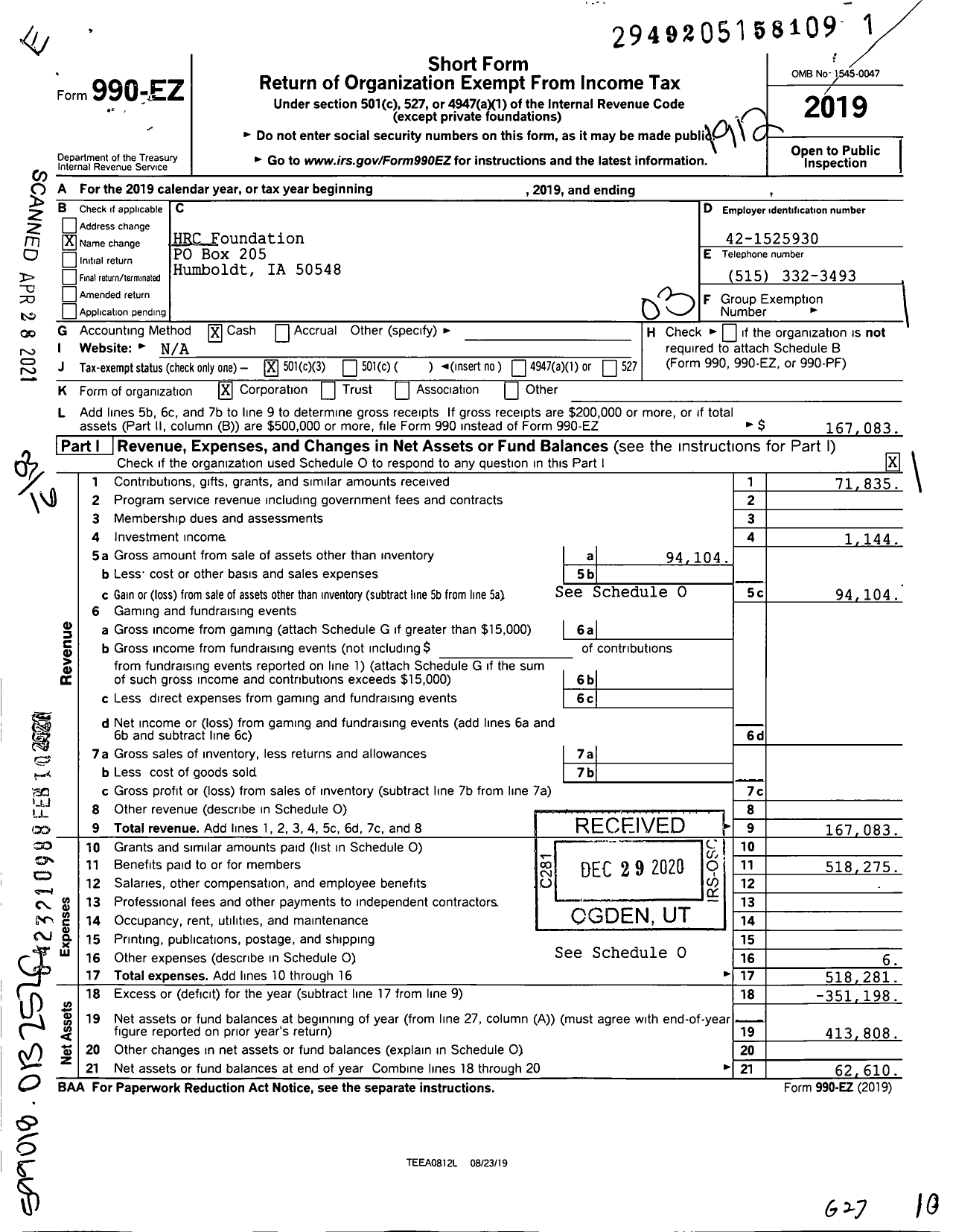 Image of first page of 2019 Form 990EZ for HRC Foundation