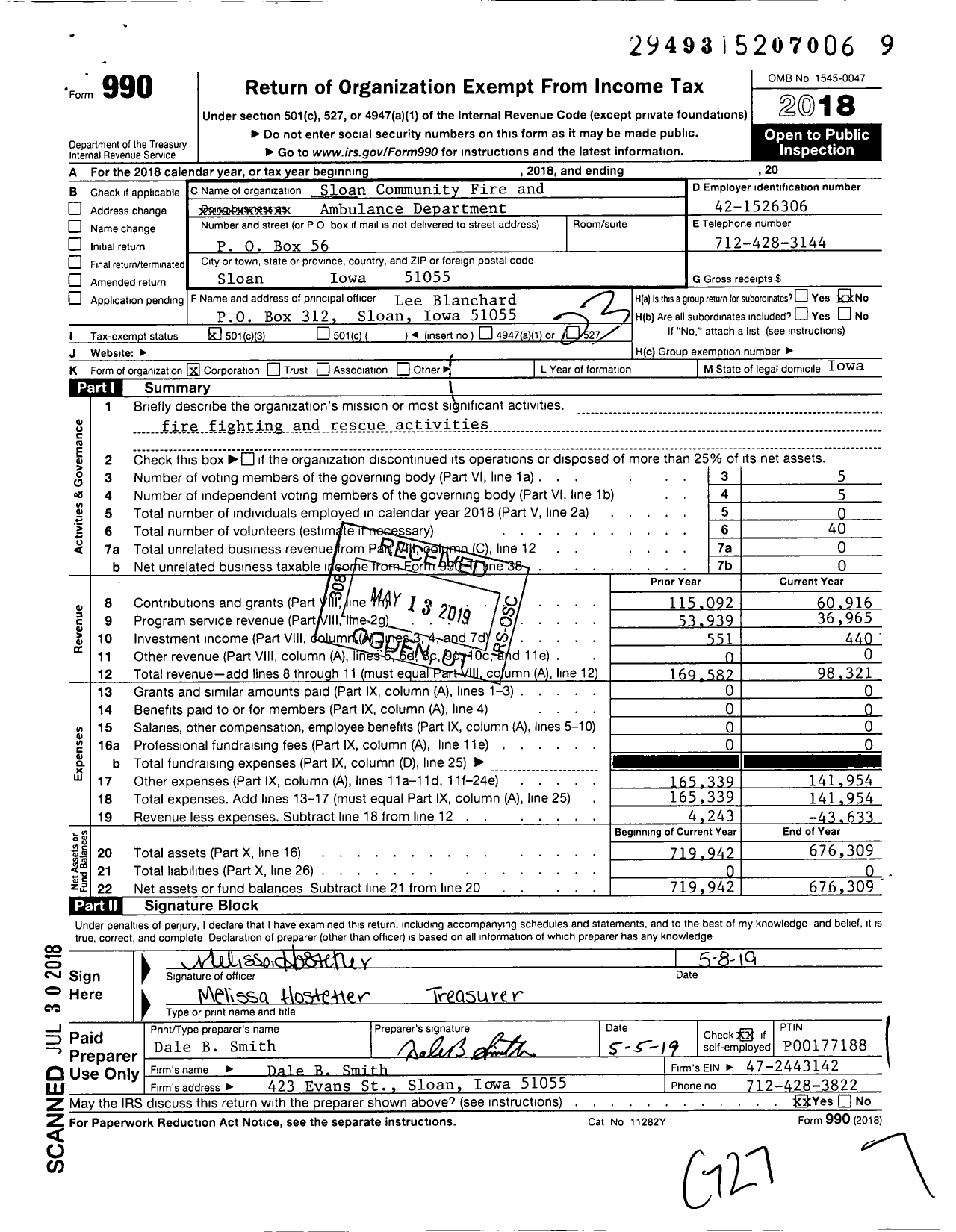 Image of first page of 2018 Form 990 for Sloan Community Fire and Ambulance Department