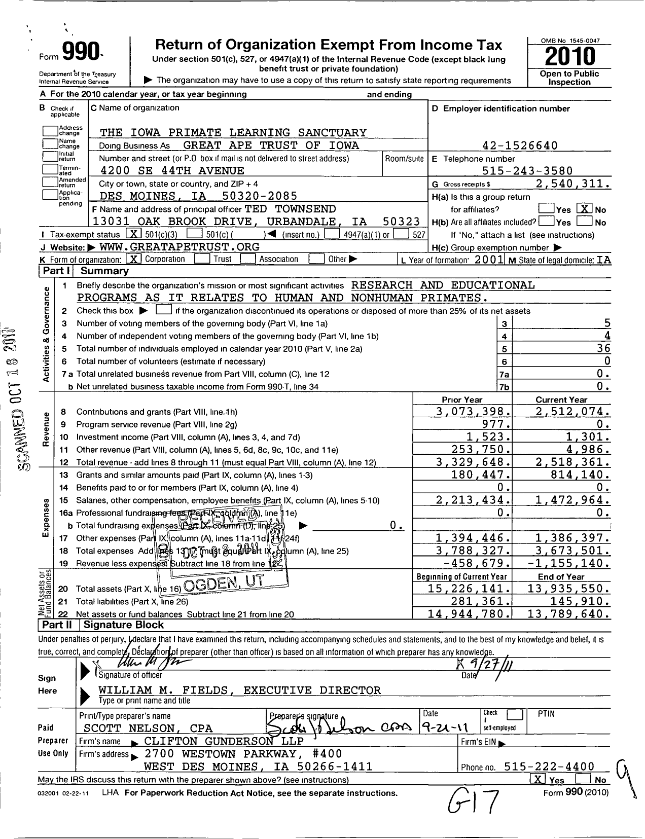 Image of first page of 2010 Form 990 for The Iowa Primate Learning Sanctuary