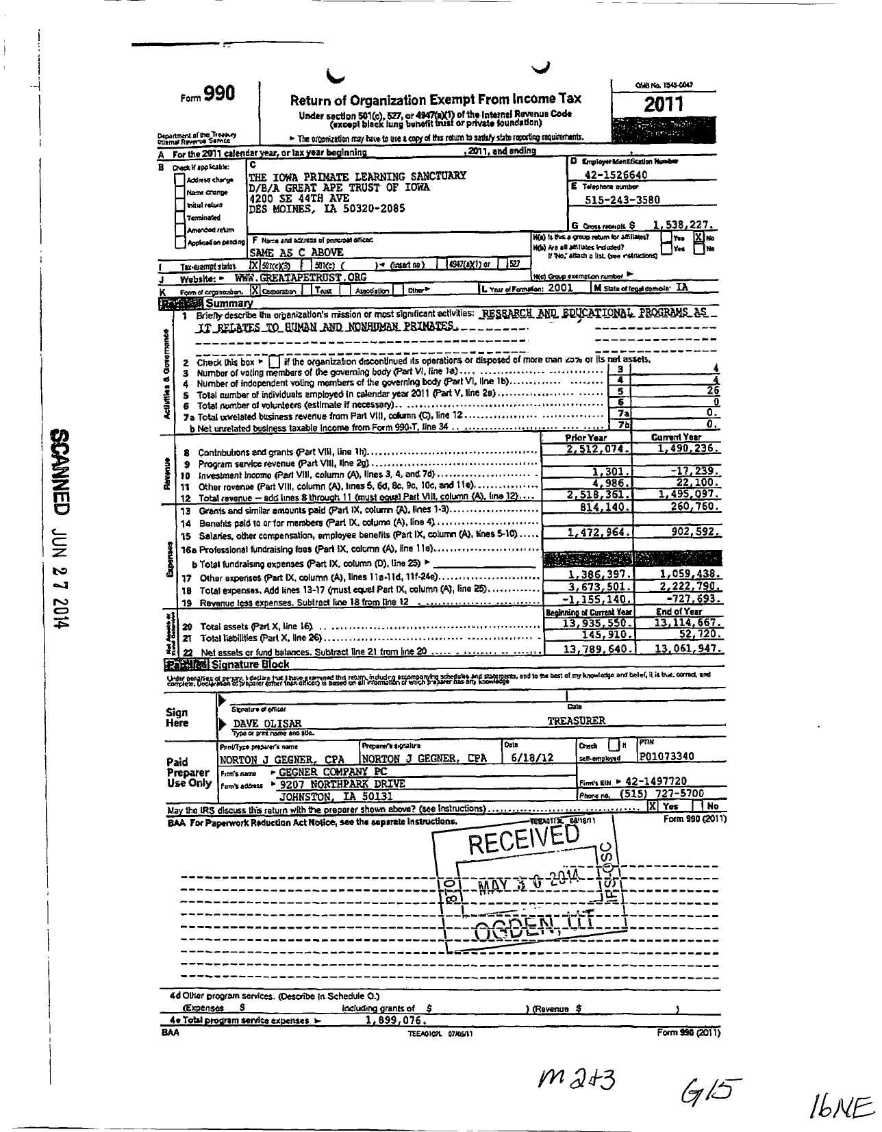 Image of first page of 2011 Form 990 for The Iowa Primate Learning Sanctuary