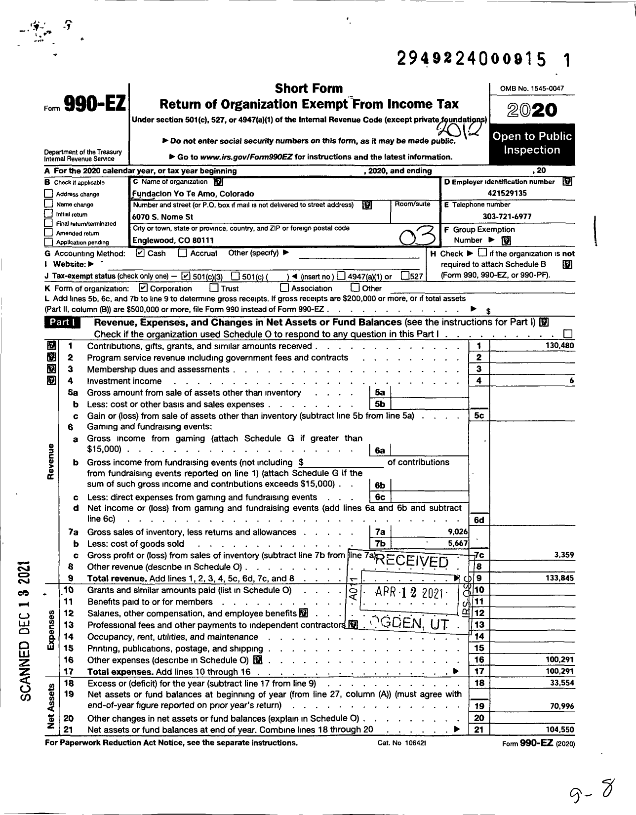 Image of first page of 2020 Form 990EZ for Fundacion Yo Te Amo Colorado