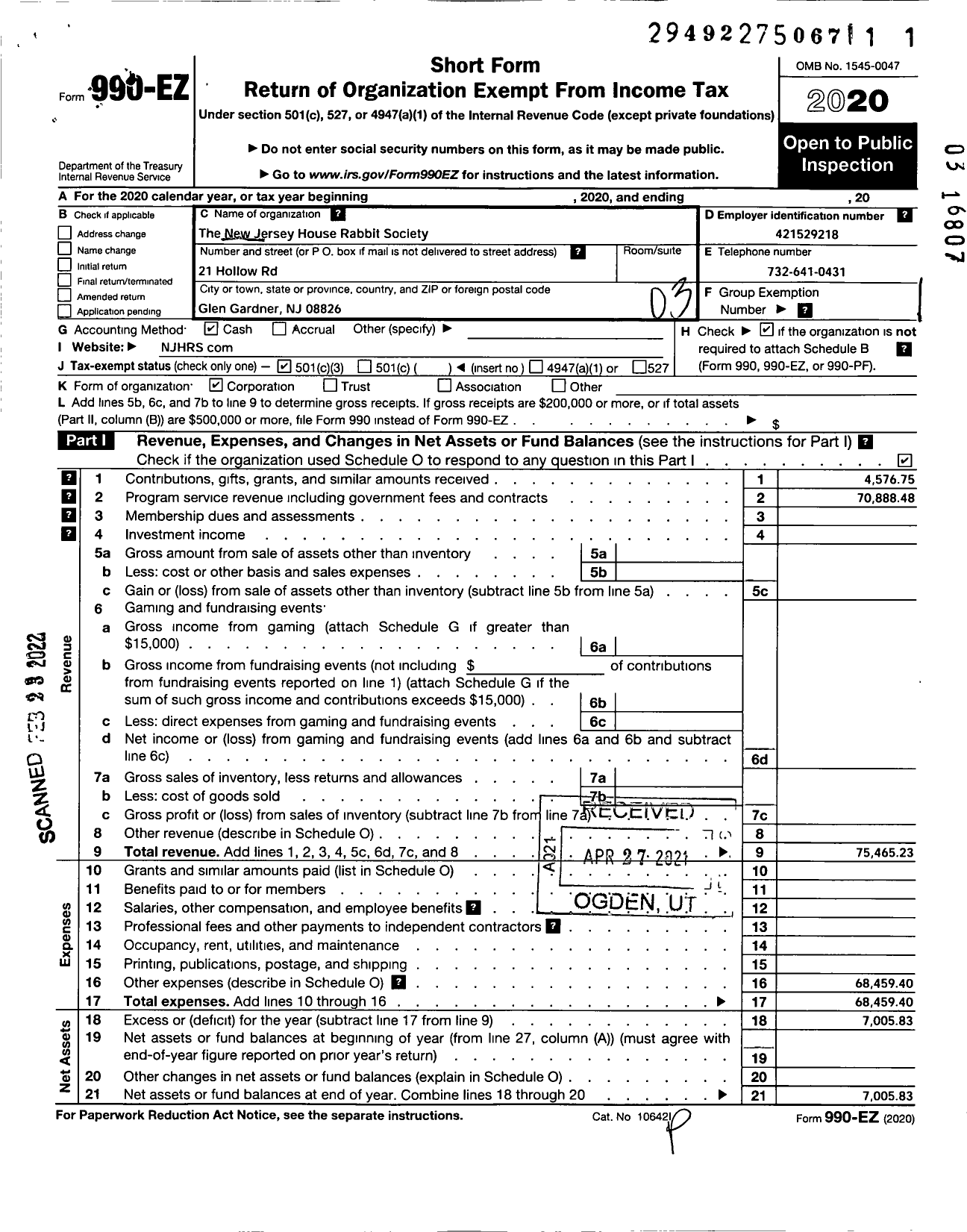 Image of first page of 2020 Form 990EZ for New Jersey House Rabbit Society