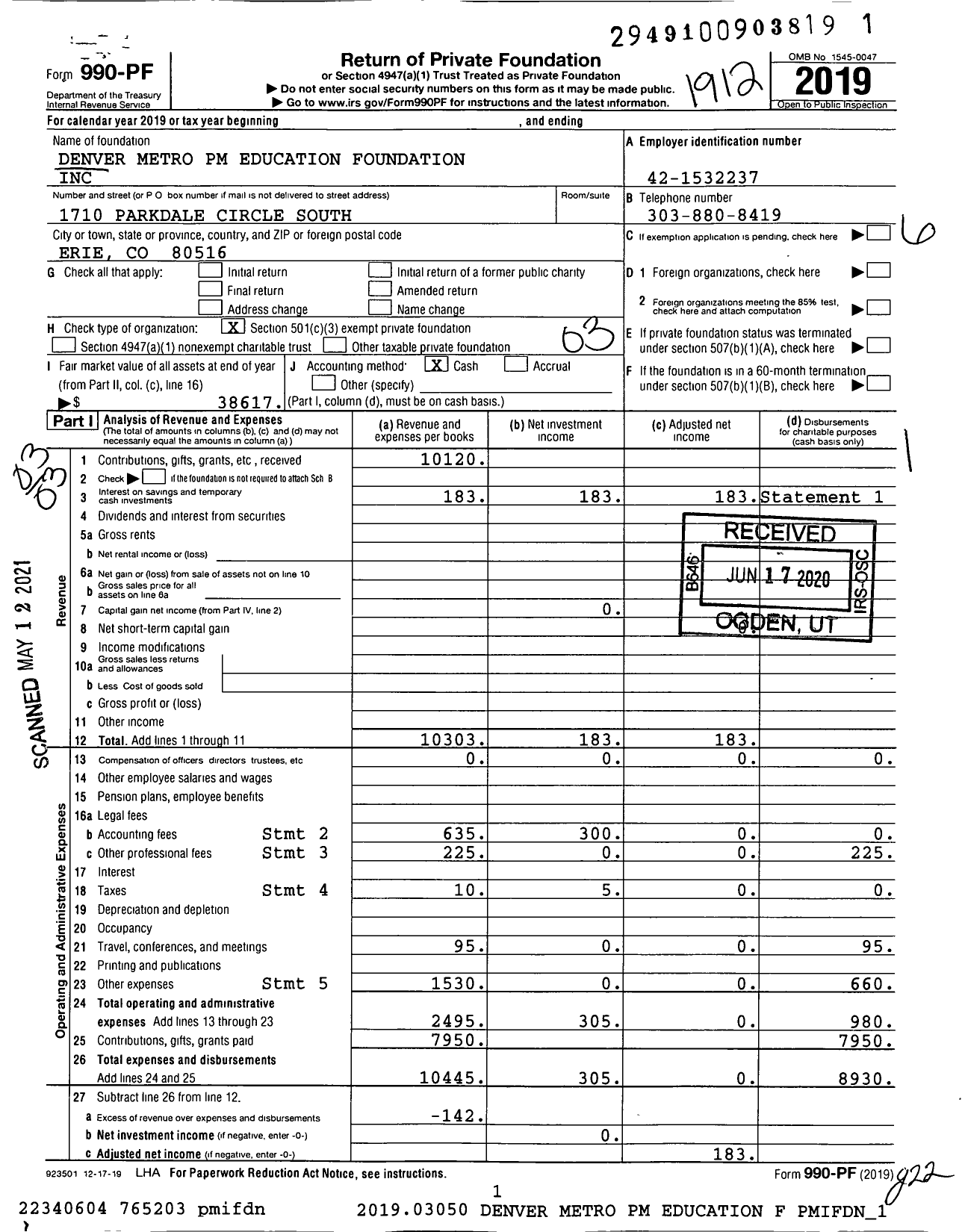 Image of first page of 2019 Form 990PF for Denver Metro PM Education Foundation